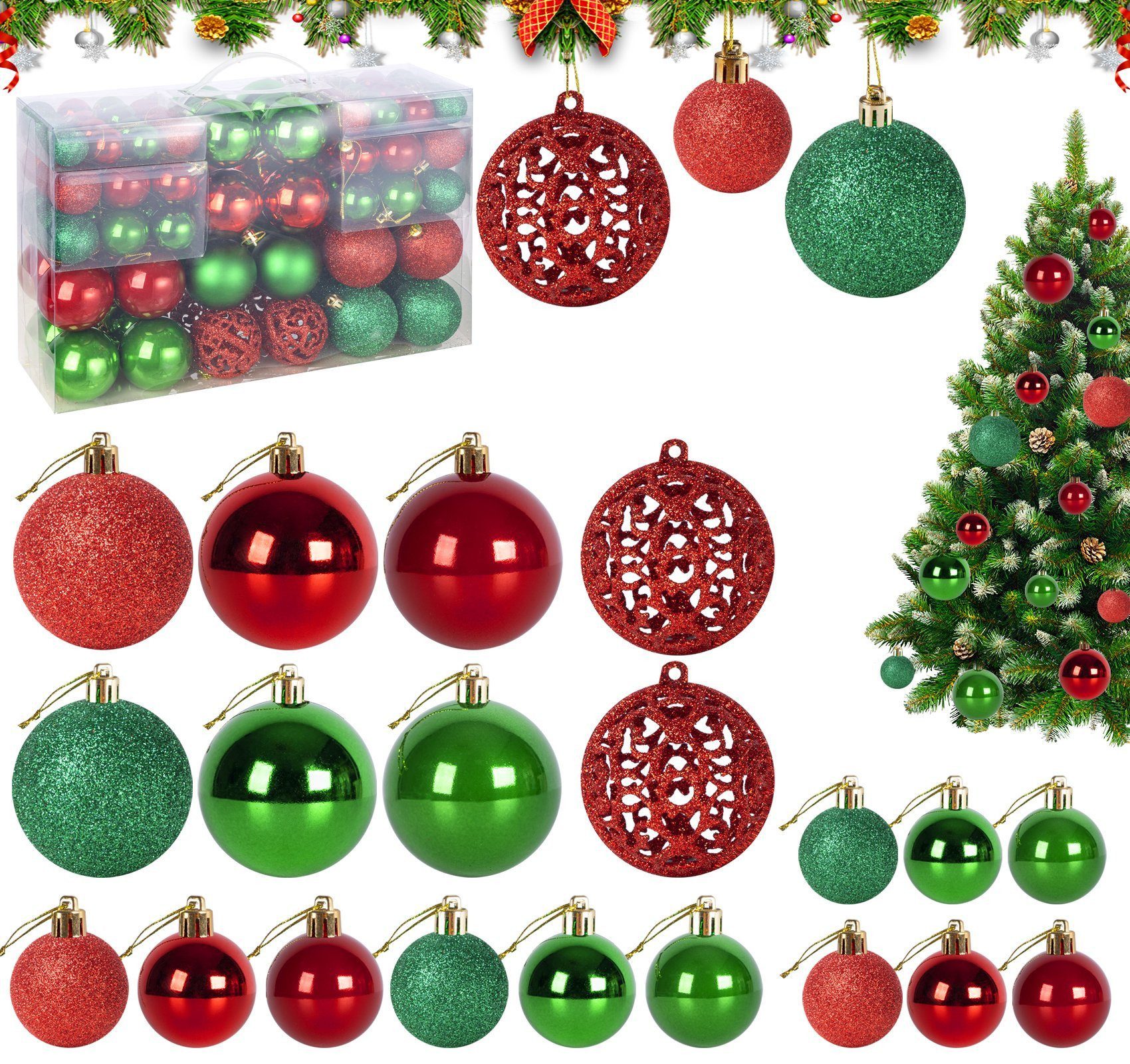 ElitVita Weihnachtsbaumkugel 100-teilig Christbaumkugeln Set Weihnachtsbaumschmuck Weihnachtsdeko (100 St), Christbaumanhänger Kunststoff Weihnachtsschmuck