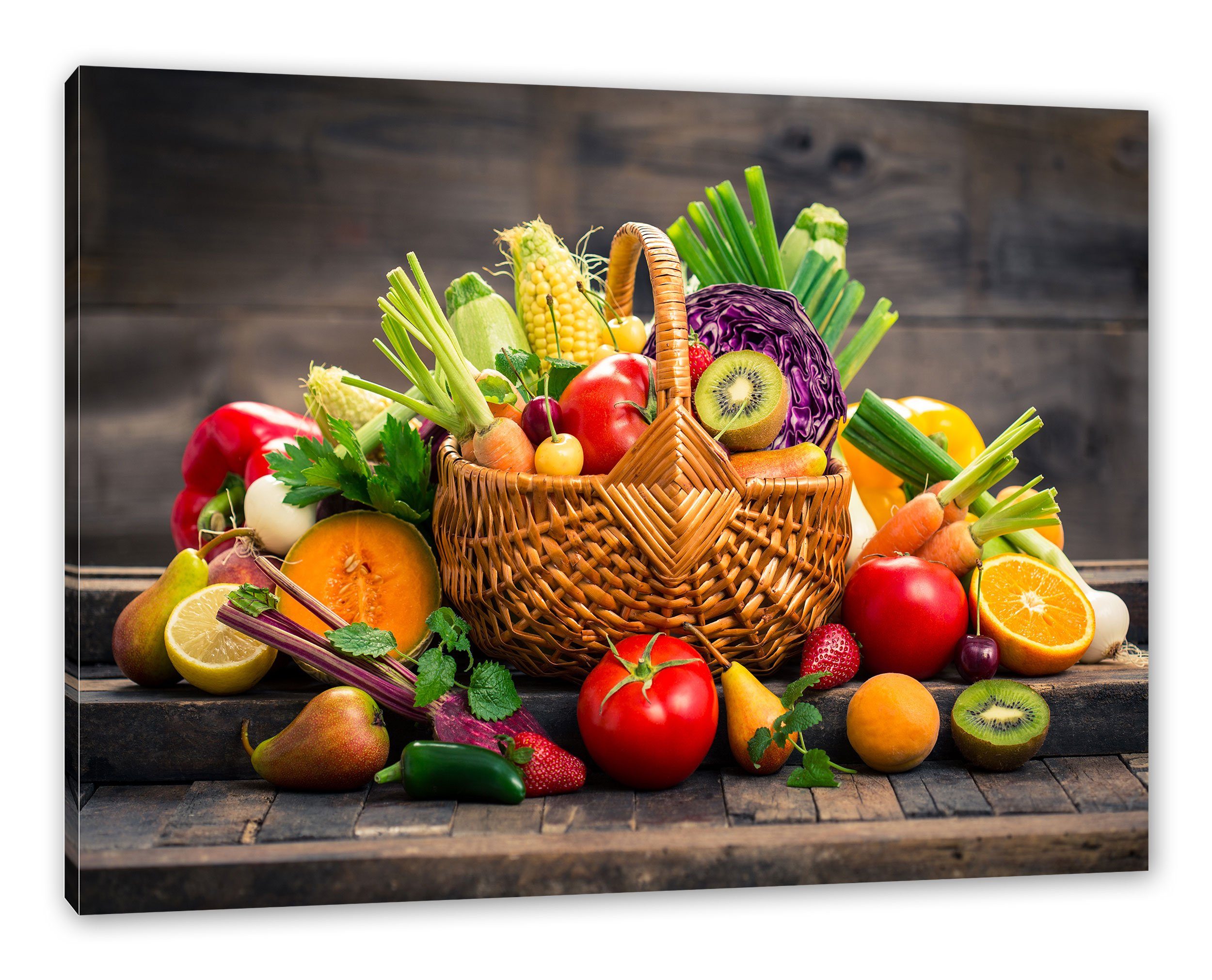 Pixxprint Leinwandbild Frisches Obst und im (1 Frisches Gemüse im Leinwandbild inkl. Zackenaufhänger Korb Obst Gemüse St), und bespannt, Korb, fertig