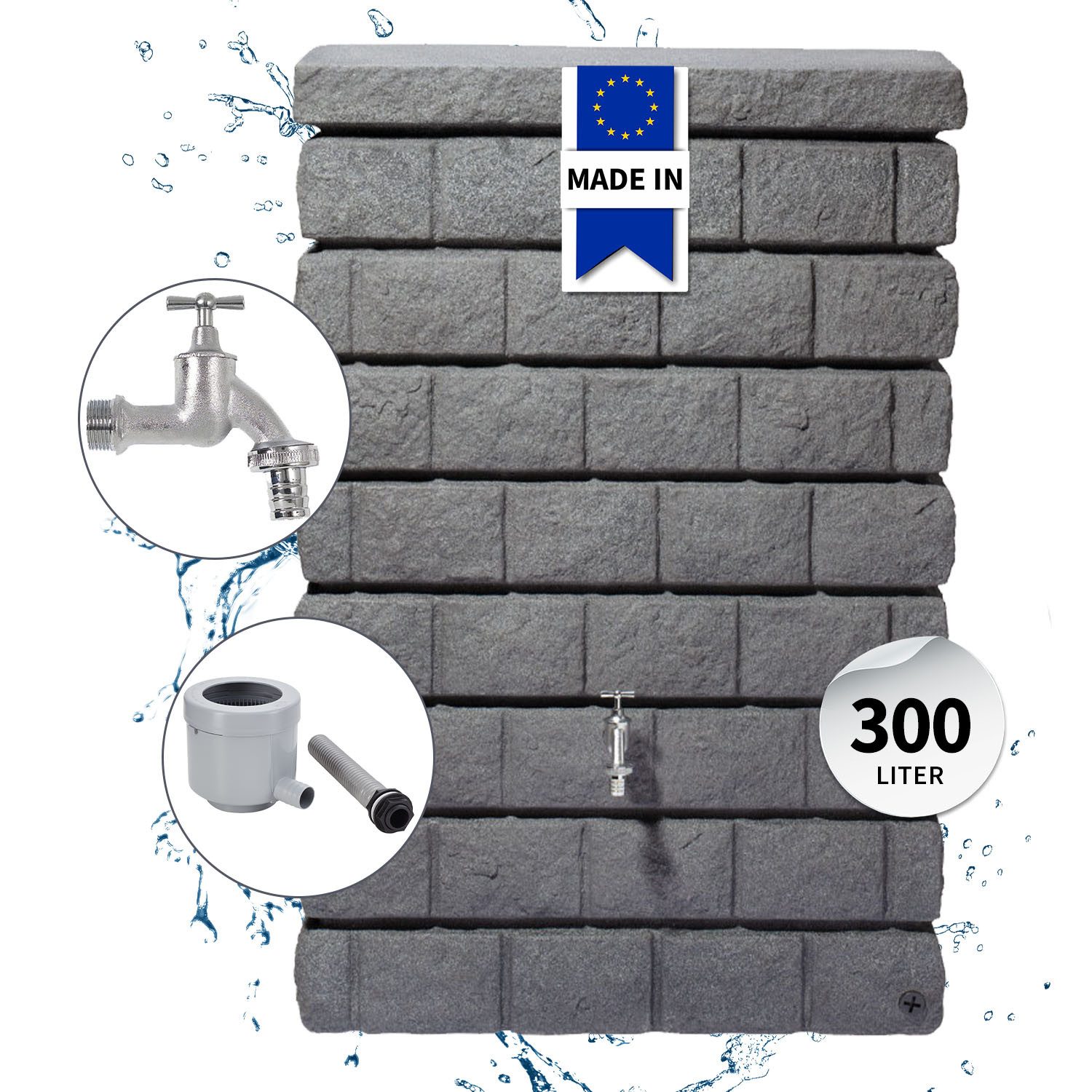 GARANTIA Regentonne ROCKY Junior Wandtank Komplett-Set 300 L dark granite, 300 l