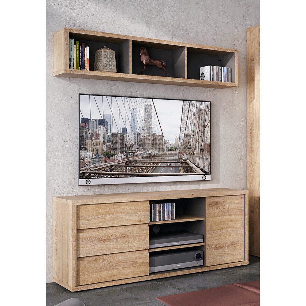 Lomadox Wohnwand SELMA-129, (Mega-Spar-Set, 2-St., Lowboard Wandboard), TV Board mit Wandregal in Eiche grifflos