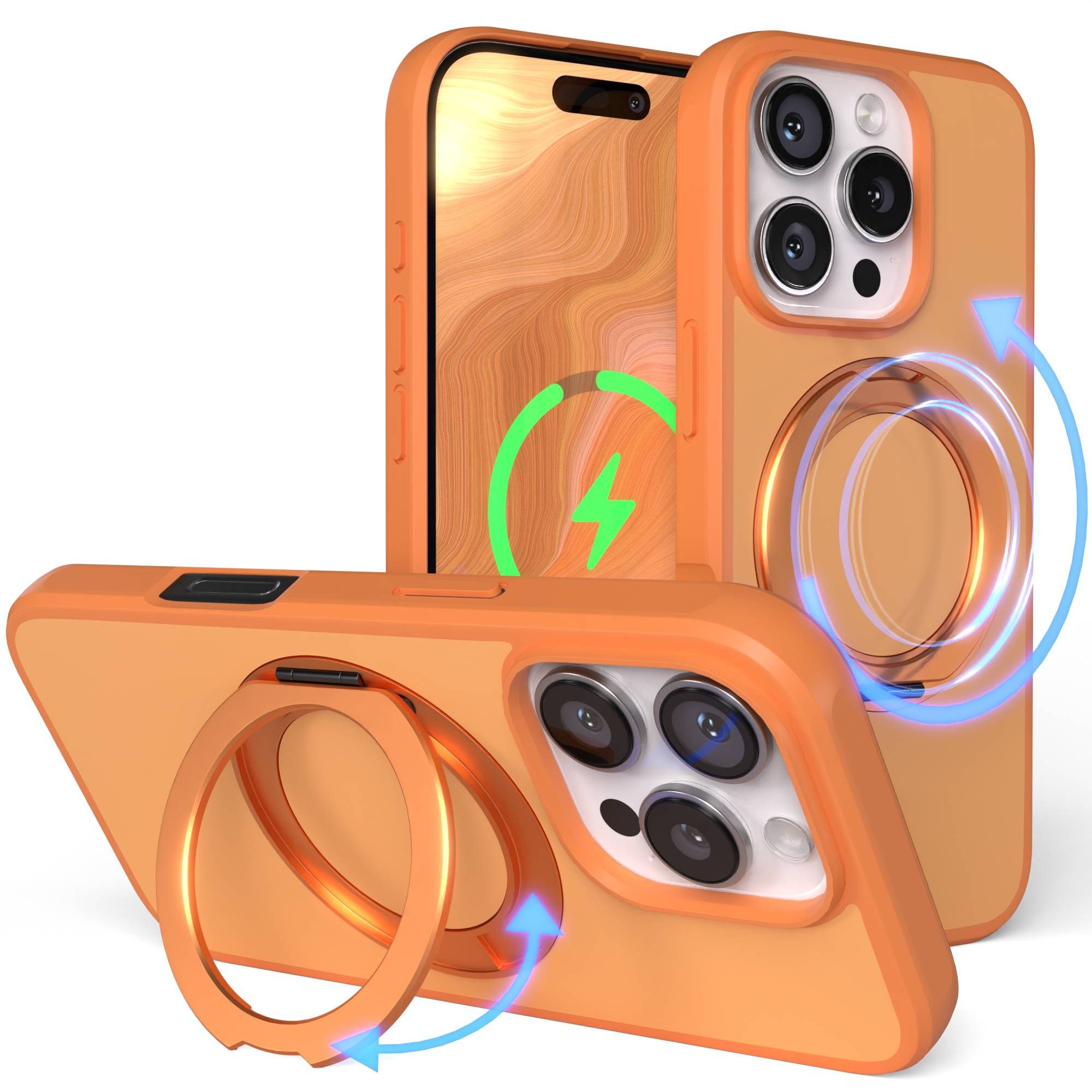 EAZY CASE Handyhülle Outdoor Apple iPhone 16 Pro Case MagSafe Rotation Ring 6,3 Zoll, Slimcover Handyhülle Outdoor zum Aufstellen mit Ring modern in Orange