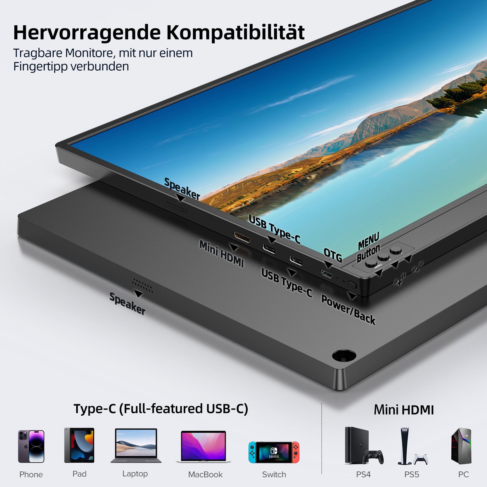 UPERFECT 144Hz Tragbarer Monitor 16,1 Zoll, FHD Gaming Monitor, Mini HDMI/USB-C Portabler Monitor (40,80 cm/16.1 ", 1920 x 1080 px, Full HD, 15 ms Reaktionszeit, 144 Hz, IPS, Externer Bildschirm für Laptop/Mac/Handy/PS4/PS5/Switch)