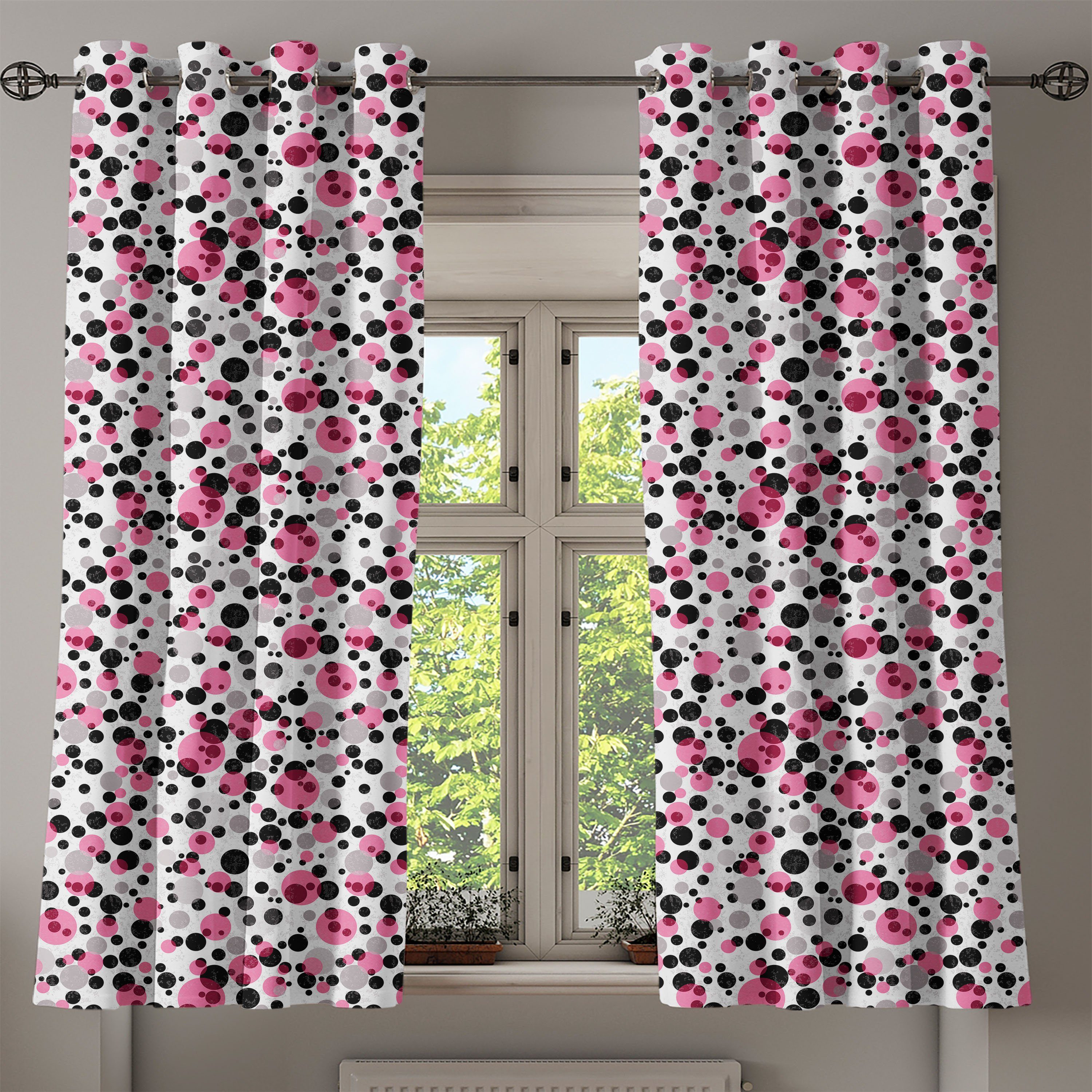 Rosa Kreis-Punkte für Retro 2-Panel-Fenstervorhänge Schlafzimmer und Gardine Dekorative Grau Abakuhaus, Wohnzimmer,
