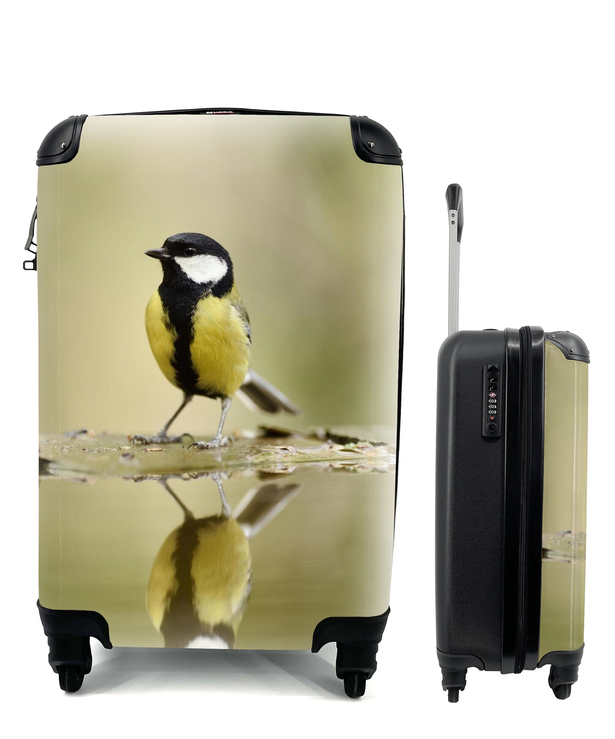 MuchoWow Handgepäckkoffer Große Meise spiegelt sich im Wasser, 4 Rollen, Reisetasche mit rollen, Handgepäck für Ferien, Trolley, Reisekoffer