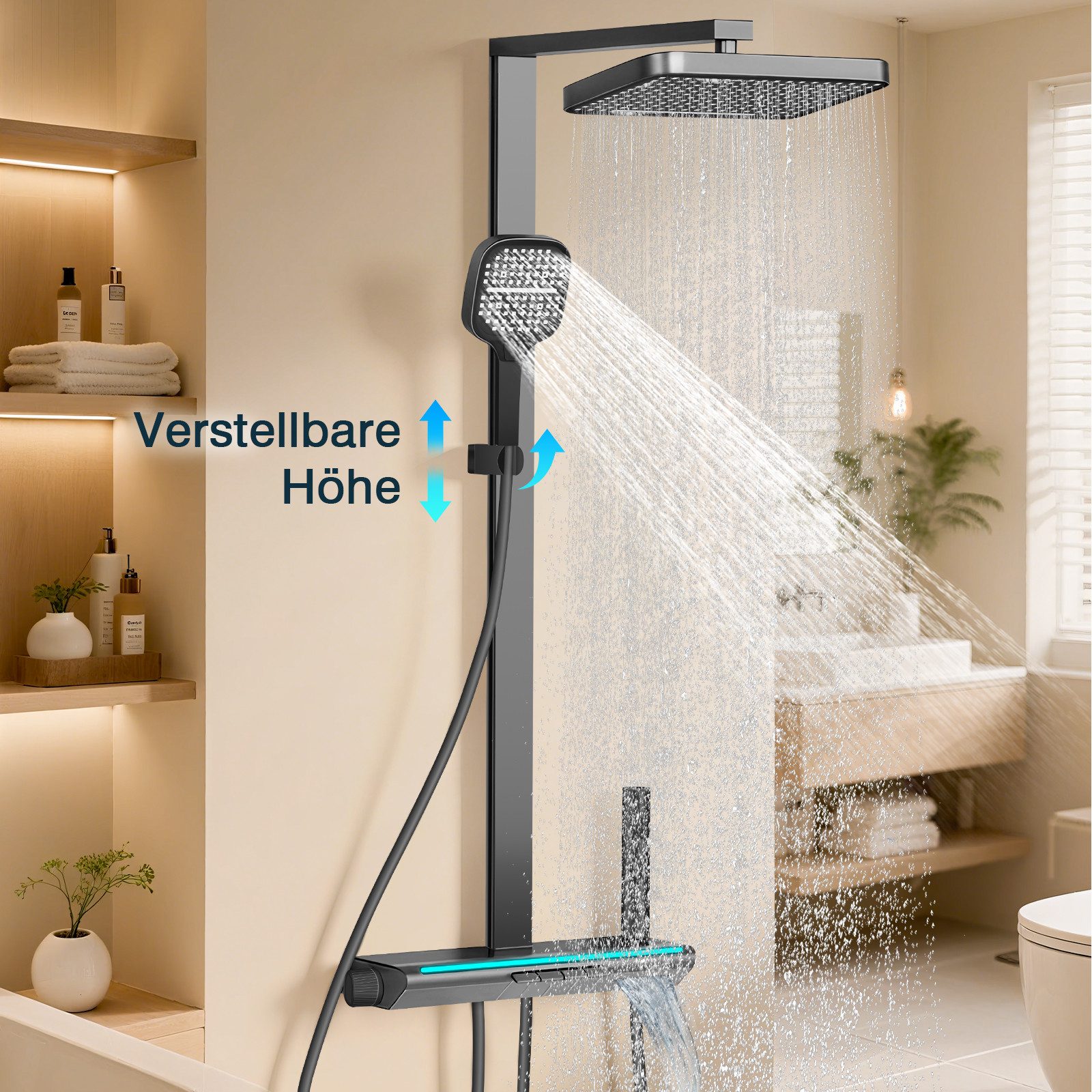 XIIW Duscharmatur 4 Funktion mit Temperatur-LED-Display Duschsystem Duschstange Duschset (Komplettset mit Spritzpistole, Badewannearmatur, 32x22cm 360° Regendus – Bild 3 von 5