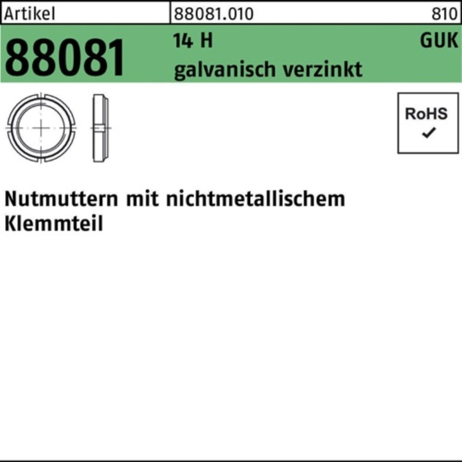 Reyher Nutmutter 100er Pack Nutmutter R 88081 Klemmteil GUK 9/M 45x1,5 14 H galv.verz.