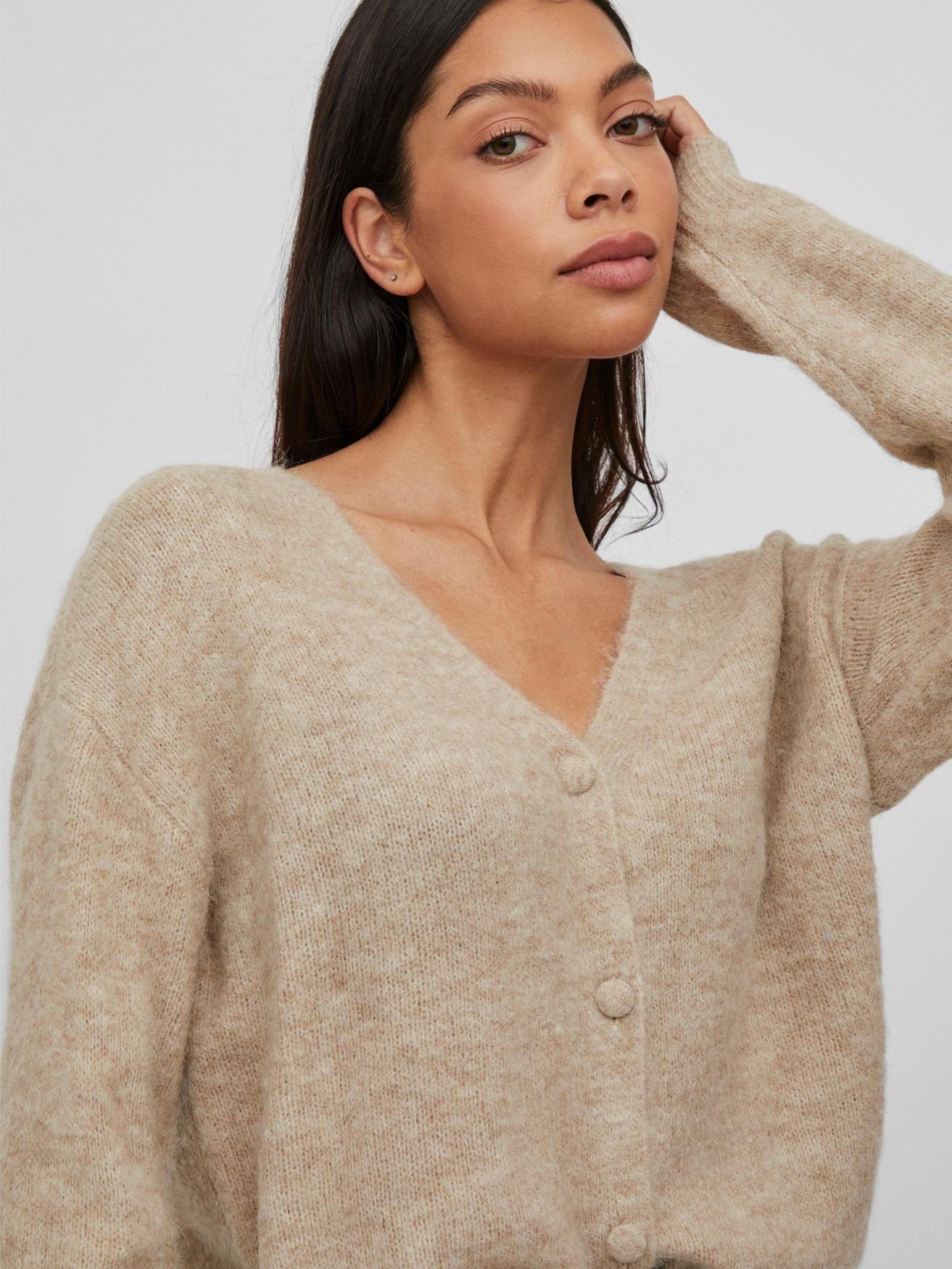 Beige Kuschelige 4845 V-Neck Cardigan VIJAMINA Vila in Cardigan Strickjacke Langarm