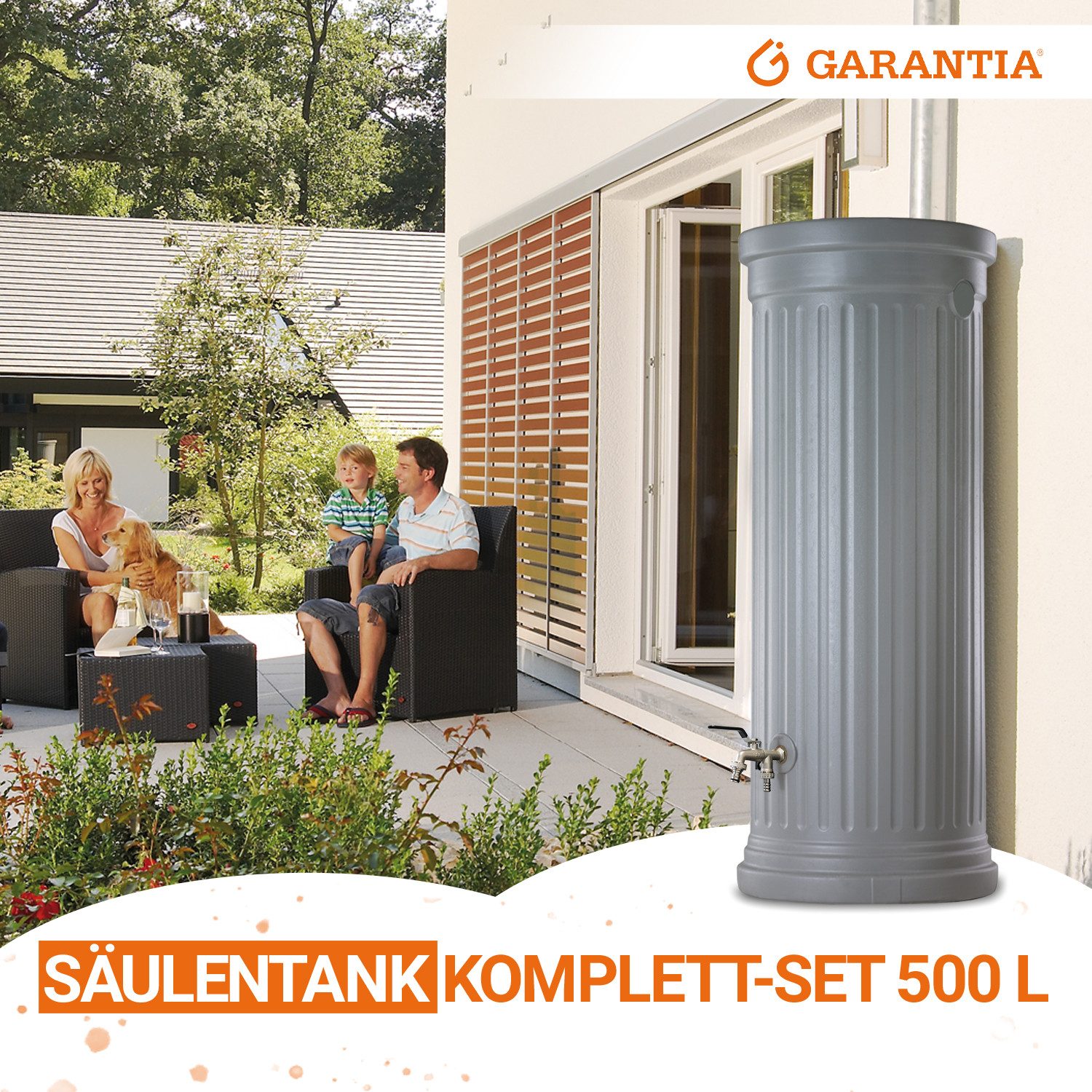 GARANTIA Regentonne Säulentank Komplett-Set 500 L, steingrau, 500 l
