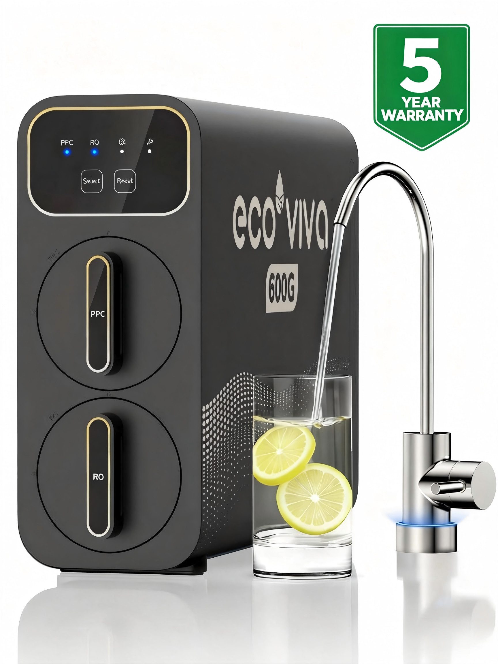 Ecoviva Wasserfilter E6 Osmoseanlage Trinkwasser mit Intelligentem Wasserhahn, 9-stufiges Umkehrosmoseanlage, 2,5:1 Rein zum Abfluss, Reduziert TDS