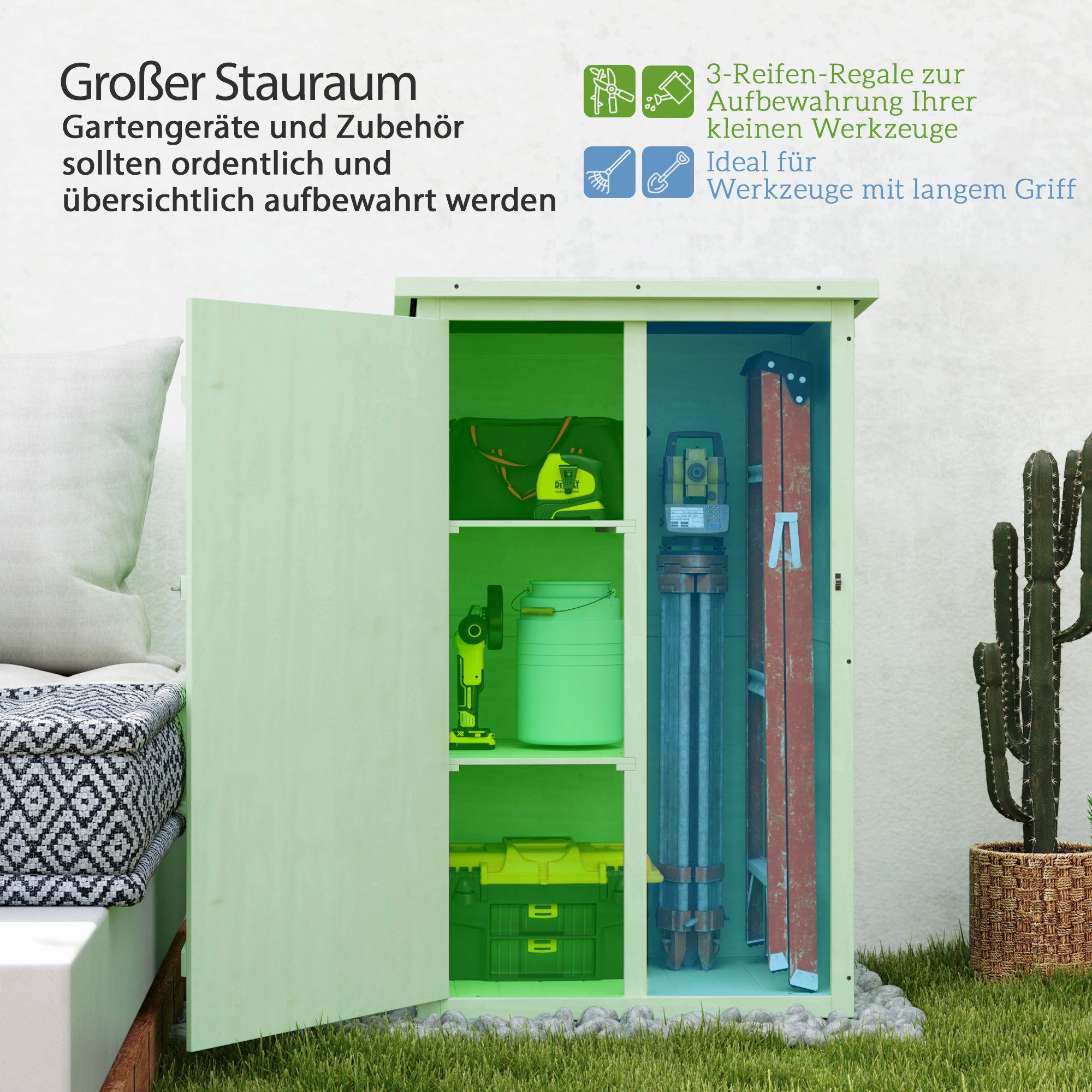Outsunny Gerätehaus Gartenschrank Holz, Geräteschuppen wetterfest, BxT: 75x56 cm, (Gartenschrank, 1 St., Geräteschuppen), für Garten Terrasse Grün – Bild 4 von 5