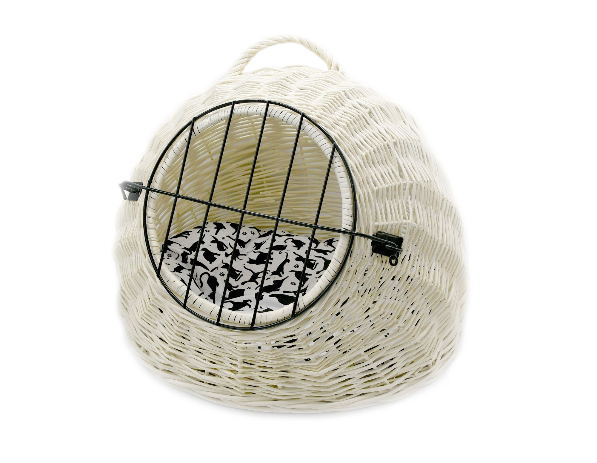 MyBer® Katzenliege Transportbox Katzenbett Katzenhöhle Katzenkorb Hundekorb Hundebett, weiß aus Weide mit Verschluß und Kissen geflochten K5-583-W-SWBK