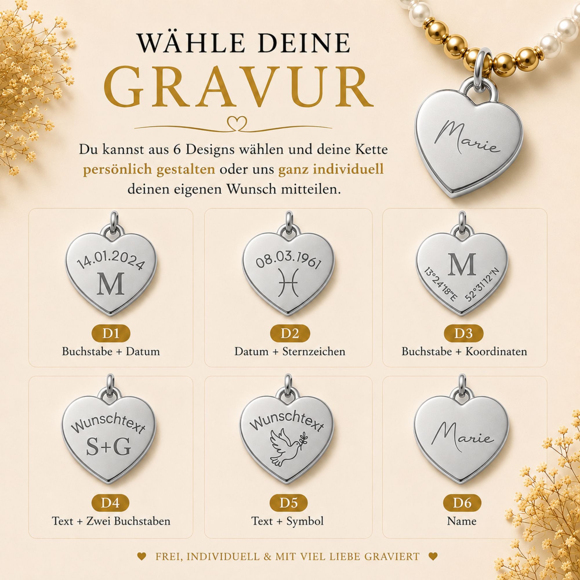BS Schmuckdesign Kette mit Anhänger mit Gravur Personalisierte Halskette Damen Perlenkette mit Herzanhänger Gravur (inkl. Gravur), personalisiert inkl. Geschenkbox