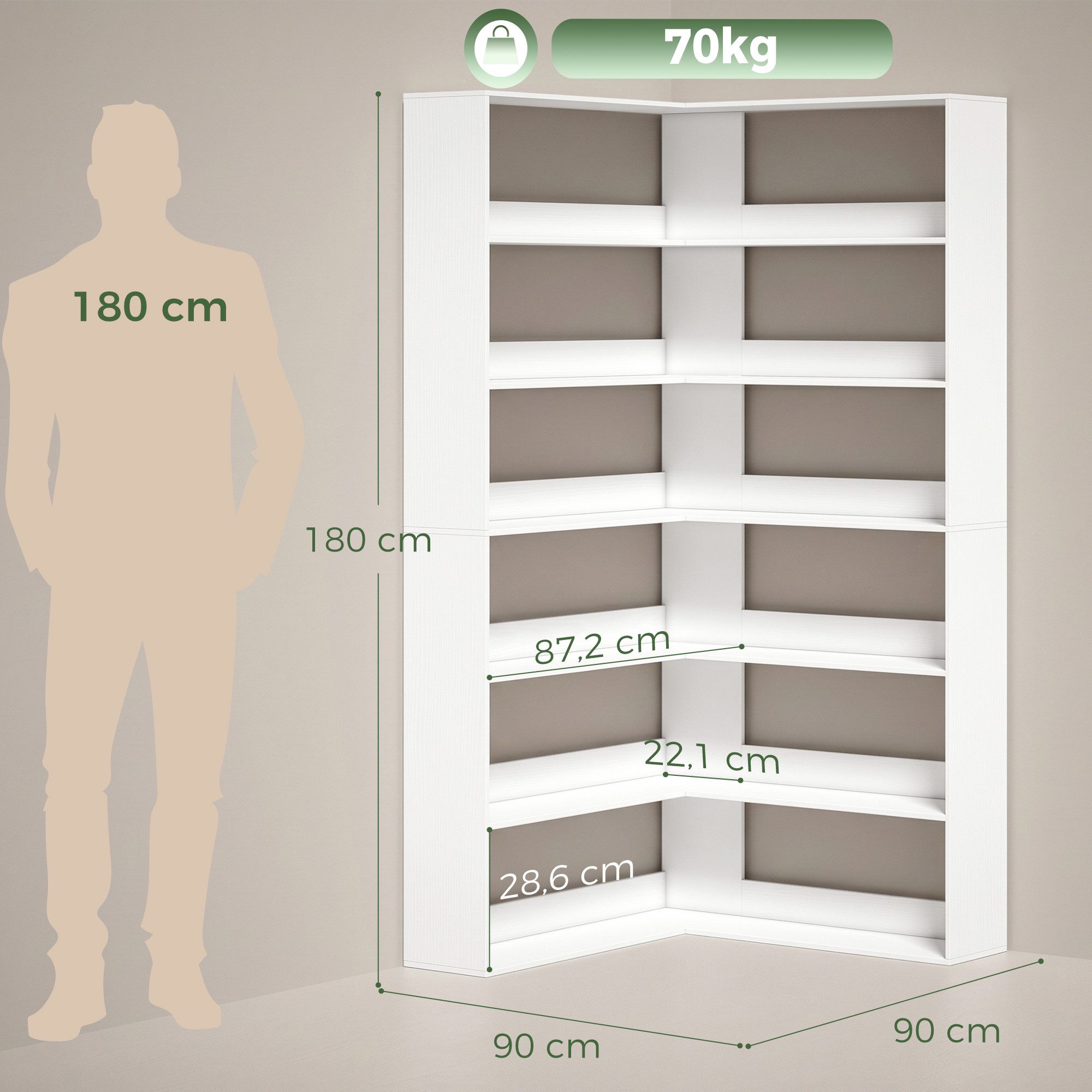HOMCOM Bücherregal Eckregal L-förmiges Regal mit Holzoptik und Rückenschutz, Standregal 1-tlg., L-förmiges Eckregal mit 7 Ebenen, 7 cm hohe Rückwand, Kippschutz – Bild 3 von 5