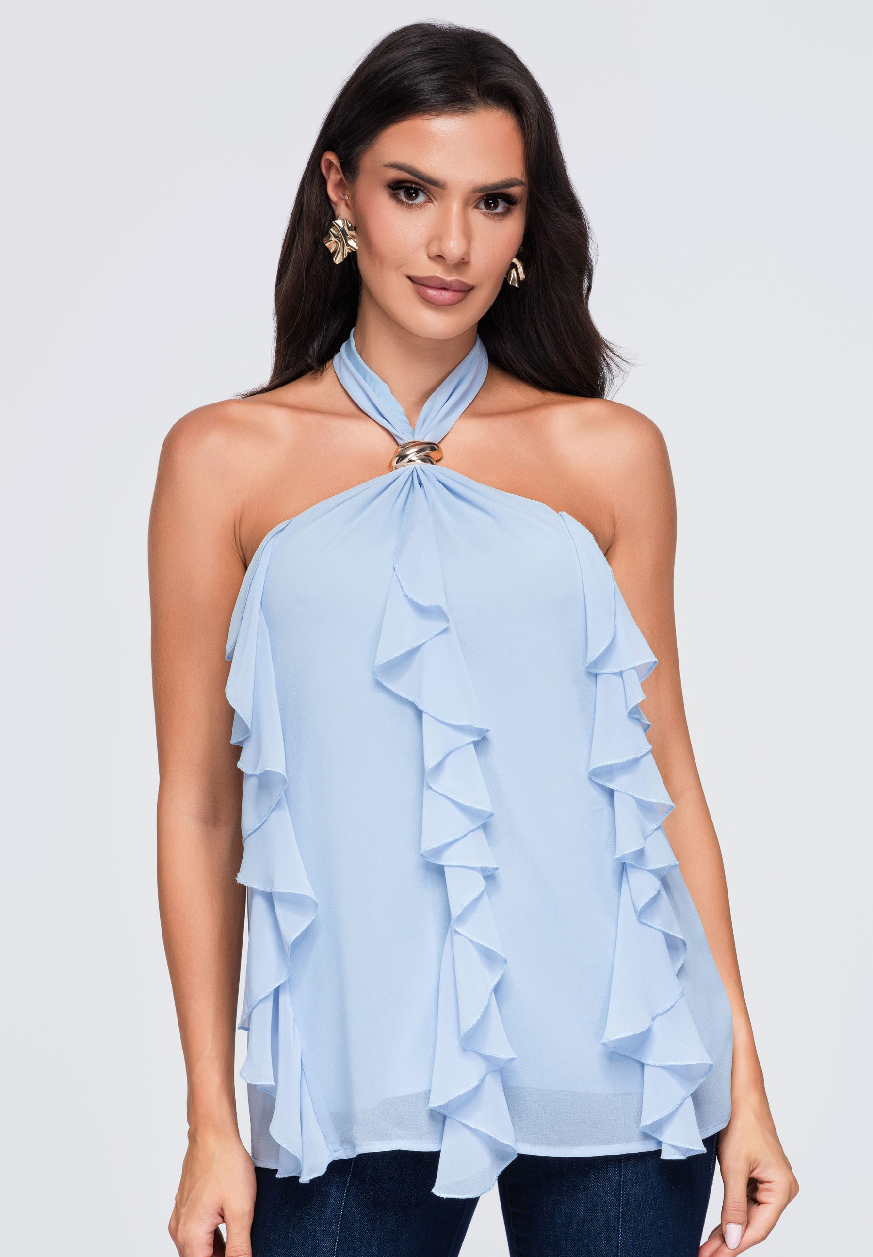 OMBRE Blusentop Damen Blusentop mit romantischem Design Blau M/L (kein Set, 1-tlg) fließender Stoff