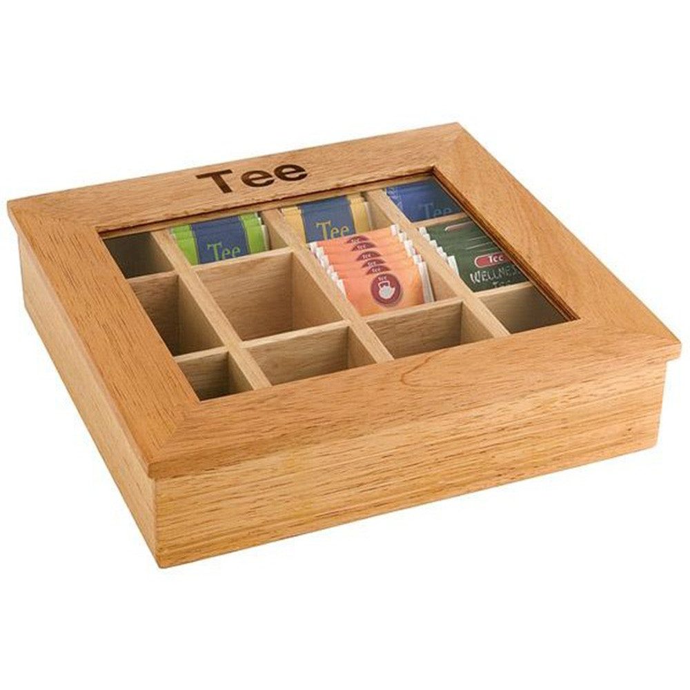 Assheuer & Pott Teebox Holz Teebox mit Sichtfenster und 12 Kammern, Holz, Acryl, Deckel bleibt offen stehen