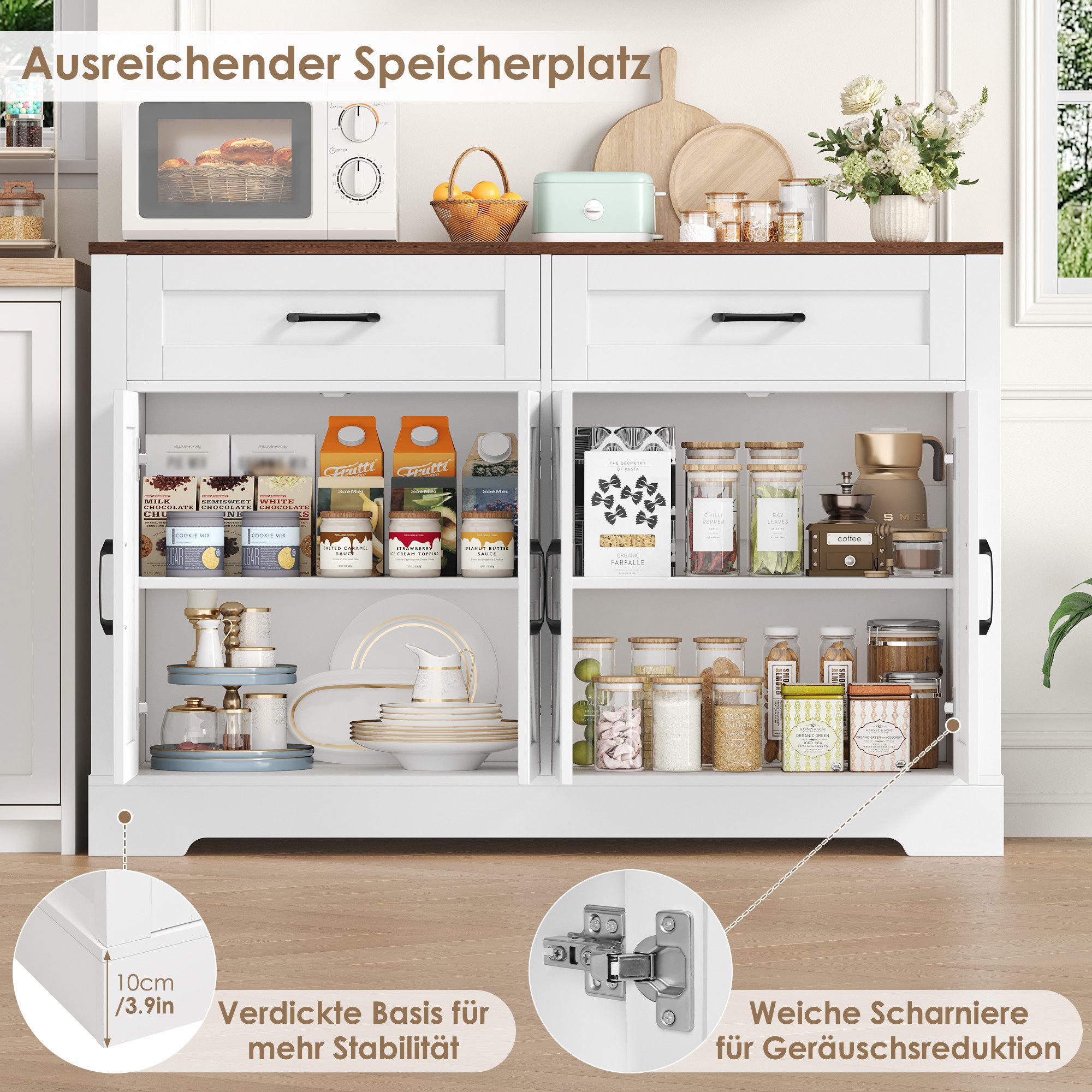HOMECHO Buffet 120cm Küchenschrank mit 2 Schubladen 4 Türen – Bild 4 von 5
