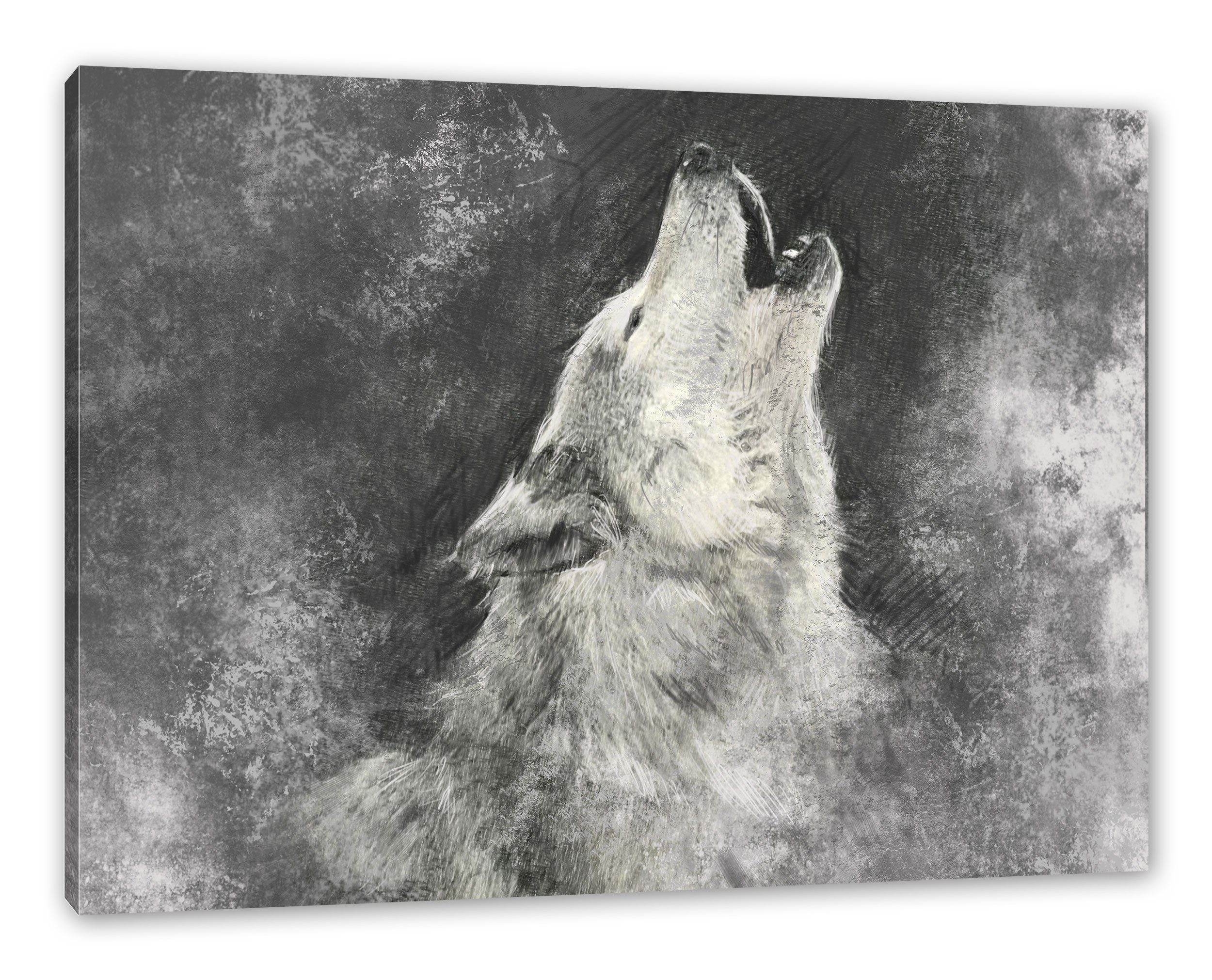 fertig Wolf inkl. Heulender Leinwandbild Kunst, bespannt, Heulender Leinwandbild Pixxprint Wolf Zackenaufhänger Kunst St), (1
