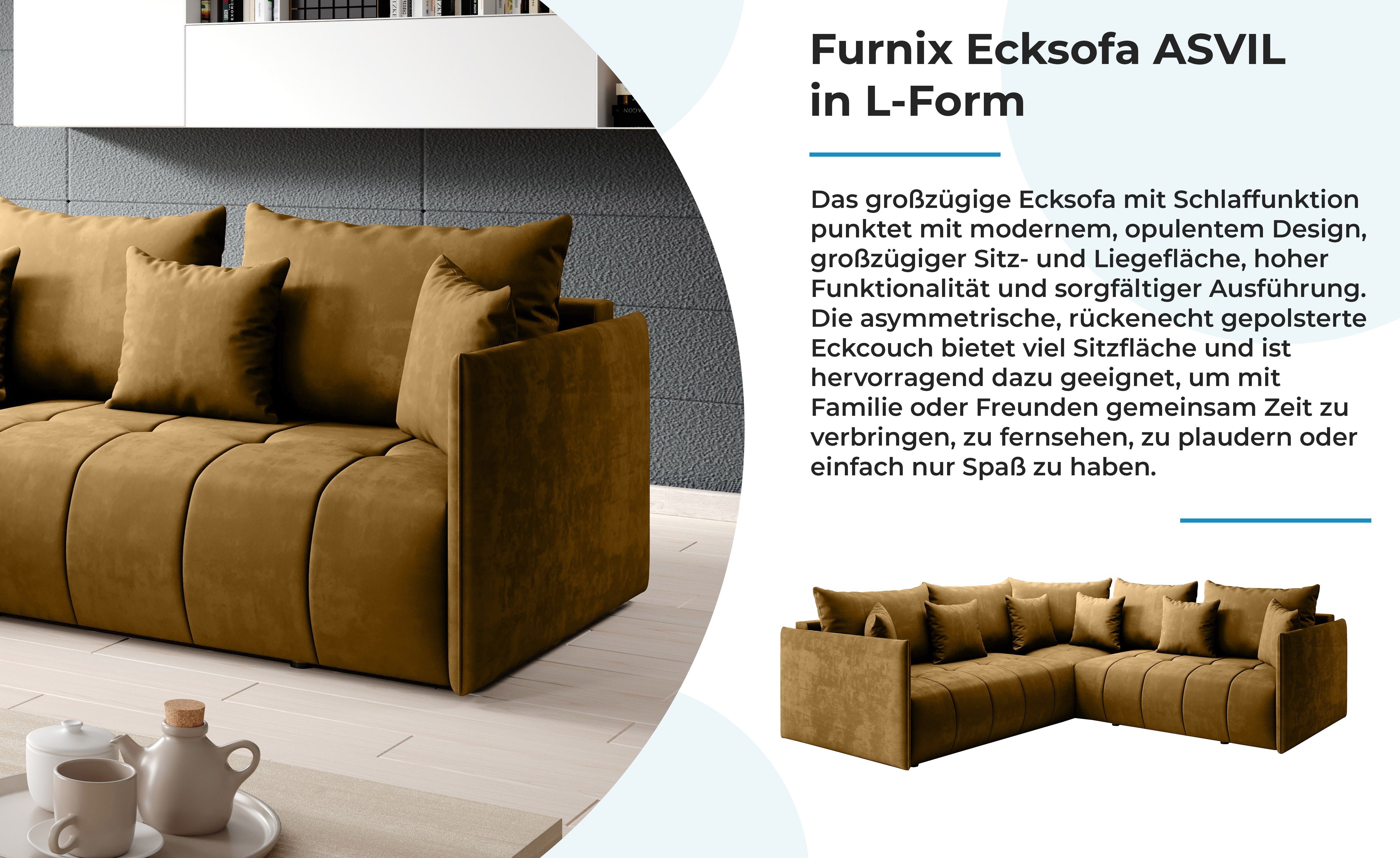 Furnix Ecksofa Polstercouch Schlafsofa in Gold-Braun 231 83 L-Form made Europe x 231 und Kissen, x cm, MH48 Bettkasten hochwertig, in