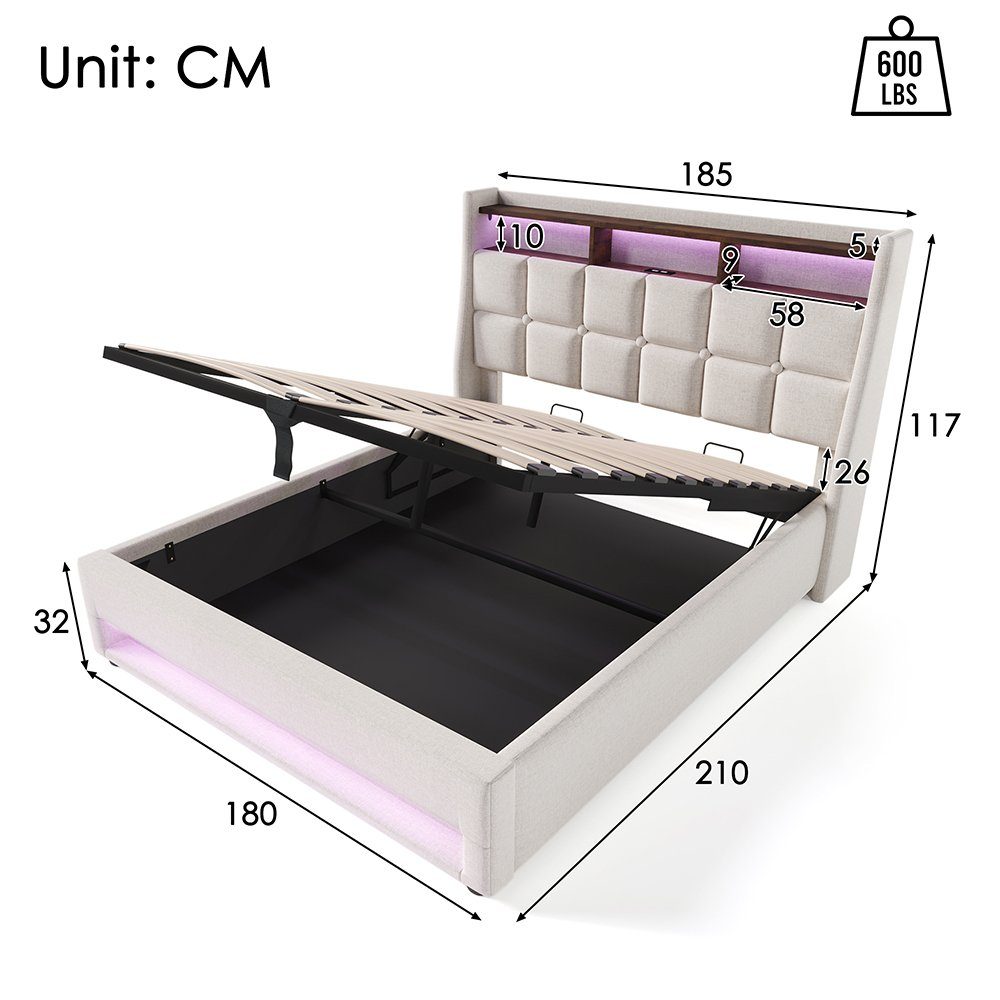Polsterbett (Funktionsbett, 180x200 cm Hydraulisches Bett mit Lattenrost), Stauraumbett mit LED-Beleuchtung und USB-Anschluss, Baumwolle-Leinen