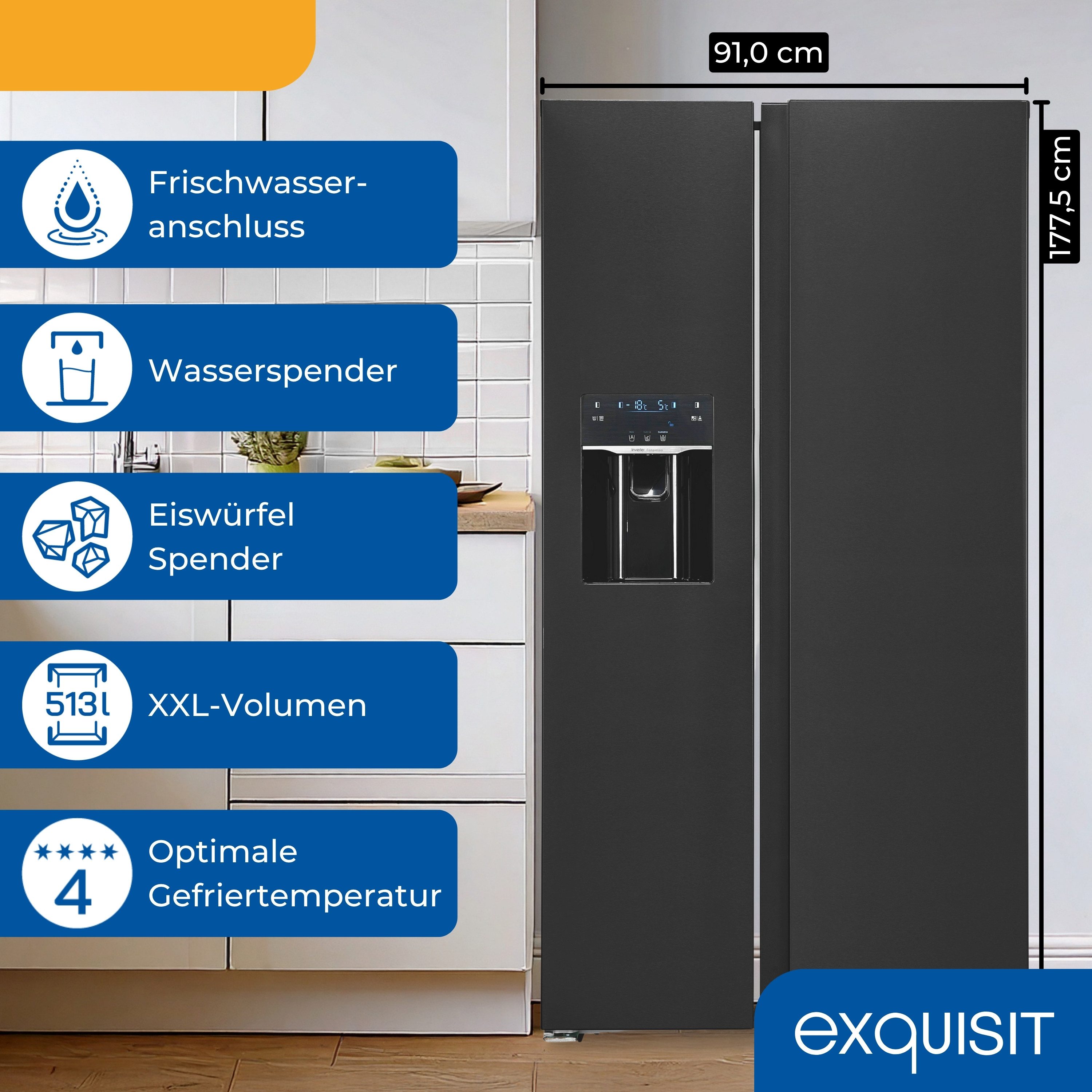 exquisit Kühl-/Gefrierkombination SBS5520-CF-040E, 177,5 cm hoch, 91 cm breit, 4-Sterne-Fach, LED-Beleuchtung, NoFrost