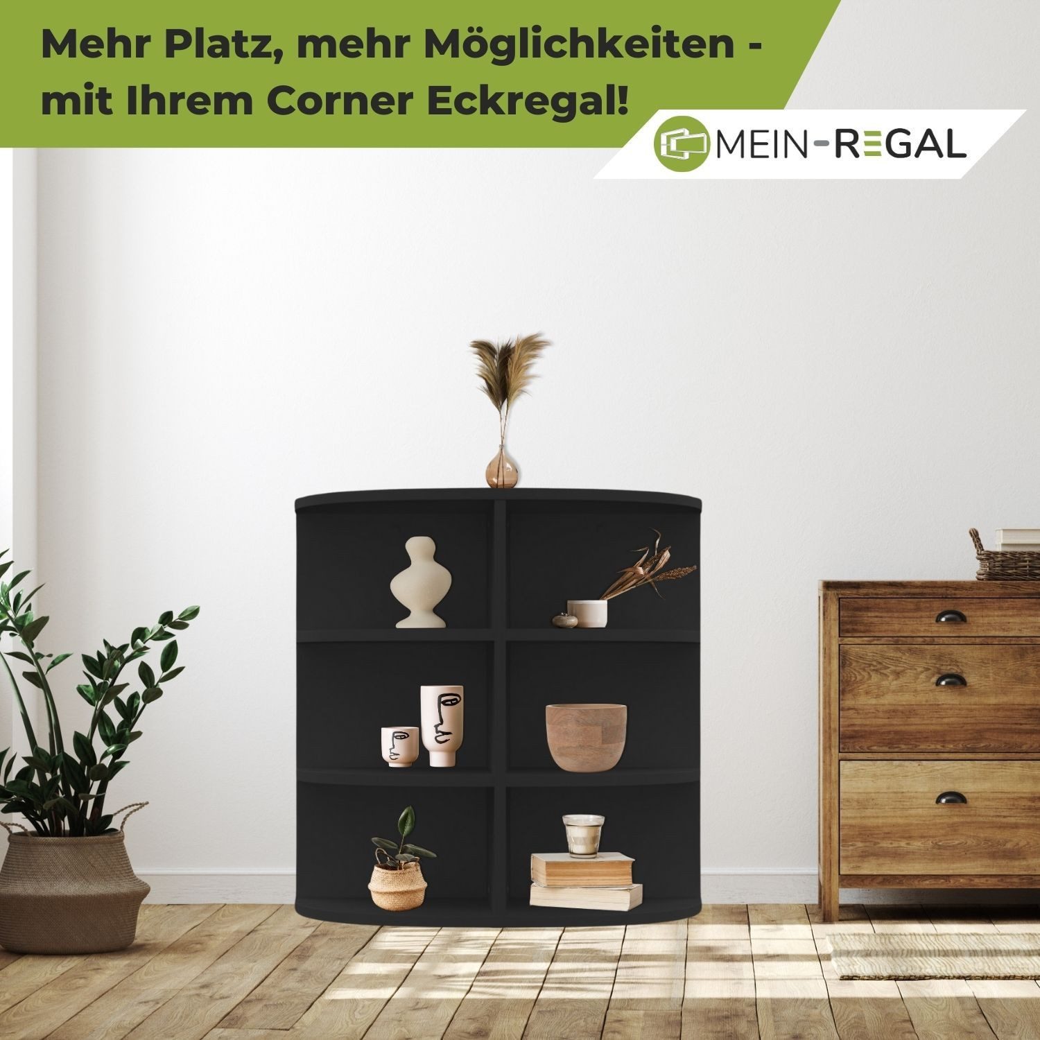 Mein-Regal Standregal CORNER 60, Schwarz Eckregal 30x30x60 cm Holz 3 Fächer Deko Bücherregal Wandregal