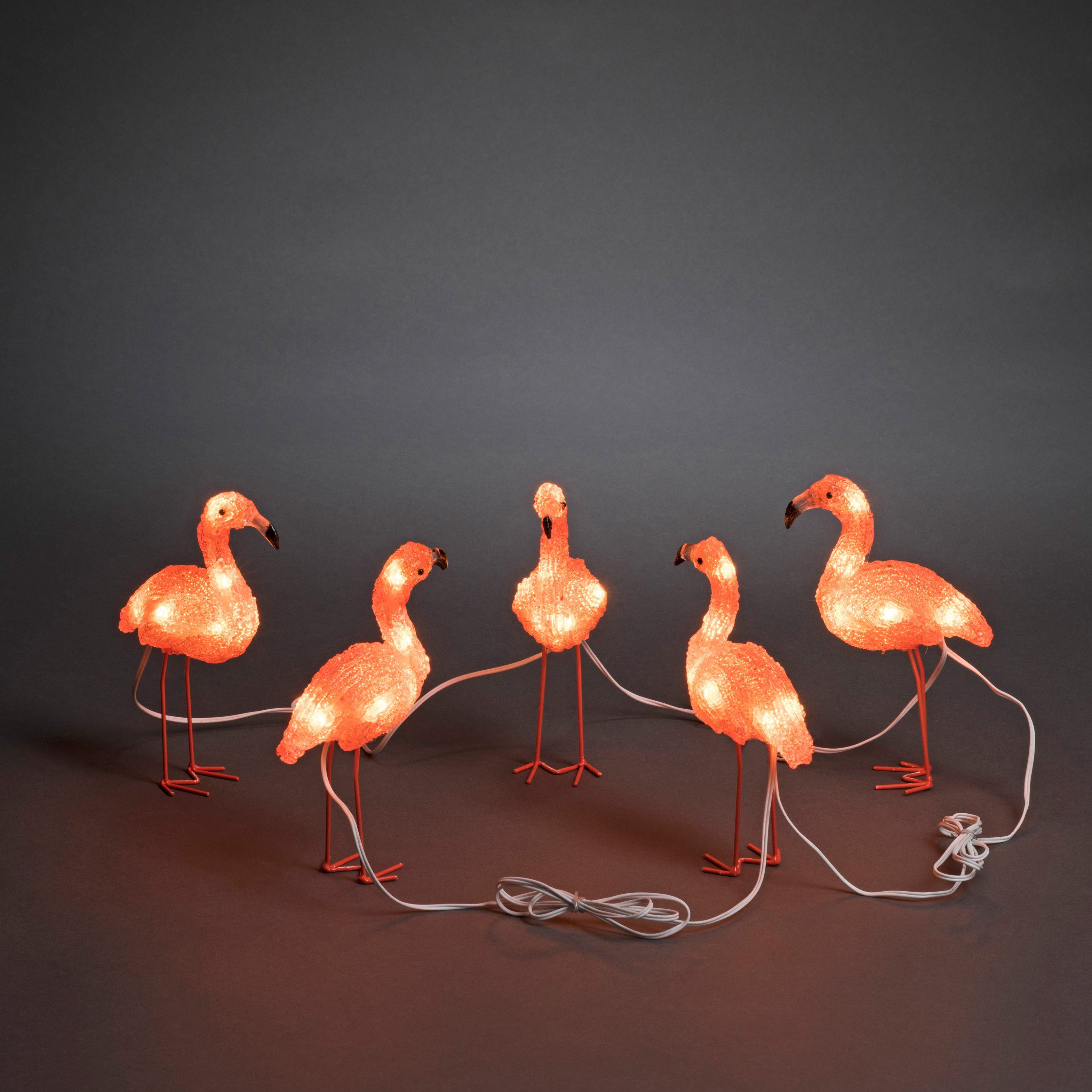KONSTSMIDE Dekoobjekt Flamingos für Außen (1 St), LED Acryl Flamingos, 5er-Set, 40 bernsteinfarbene Dioden