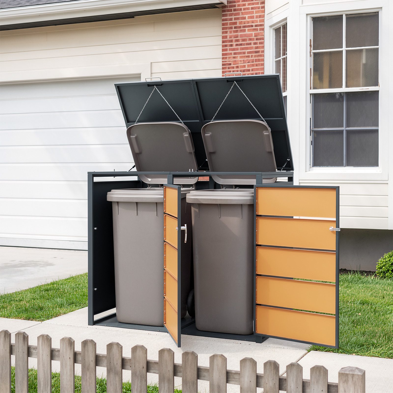SoBuy Mülltonnenbox OGS64, 2er Set mit Gasdruckfeder, abschließbar (2er Set), Mülltonnenverkleidung aus Metall und Holzoptik, fahrbar mit Rollen