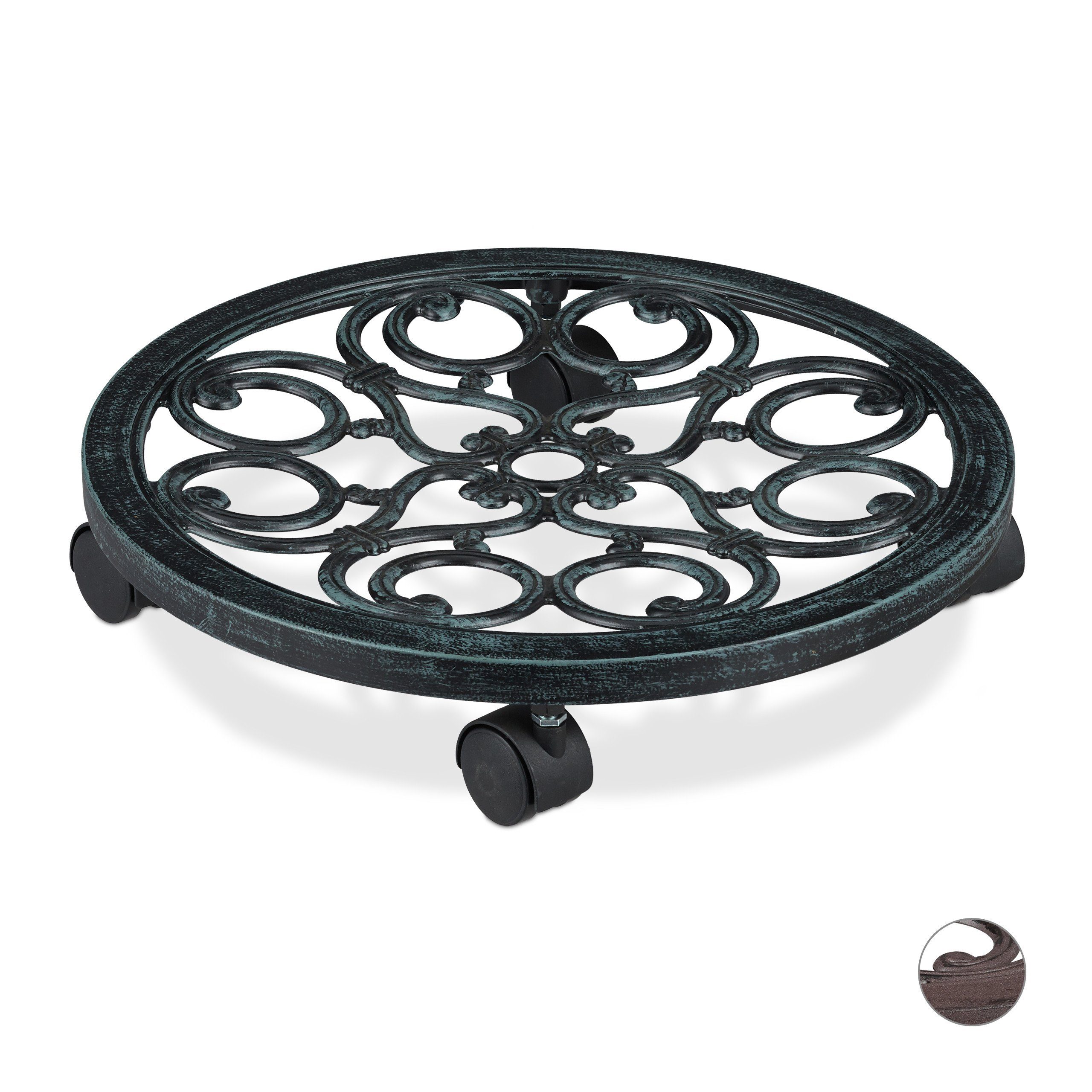 relaxdays Blumentopfuntersetzer Pflanzenroller rund antik, Grün günstig online kaufen