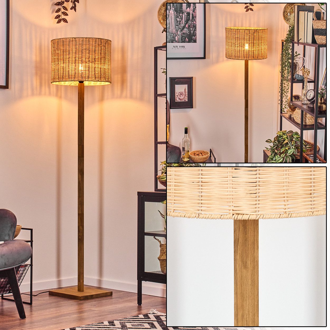 hofstein Stehlampe Boho-Style Stehlampe aus Holz/Metall/Rattan günstig online kaufen