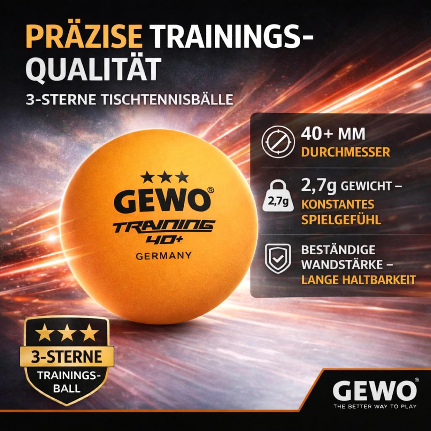 Gewo Tischtennisball 12 Stück, 3 Sterne 40+, Training ABS Tischtennisbälle, orange (12-St)