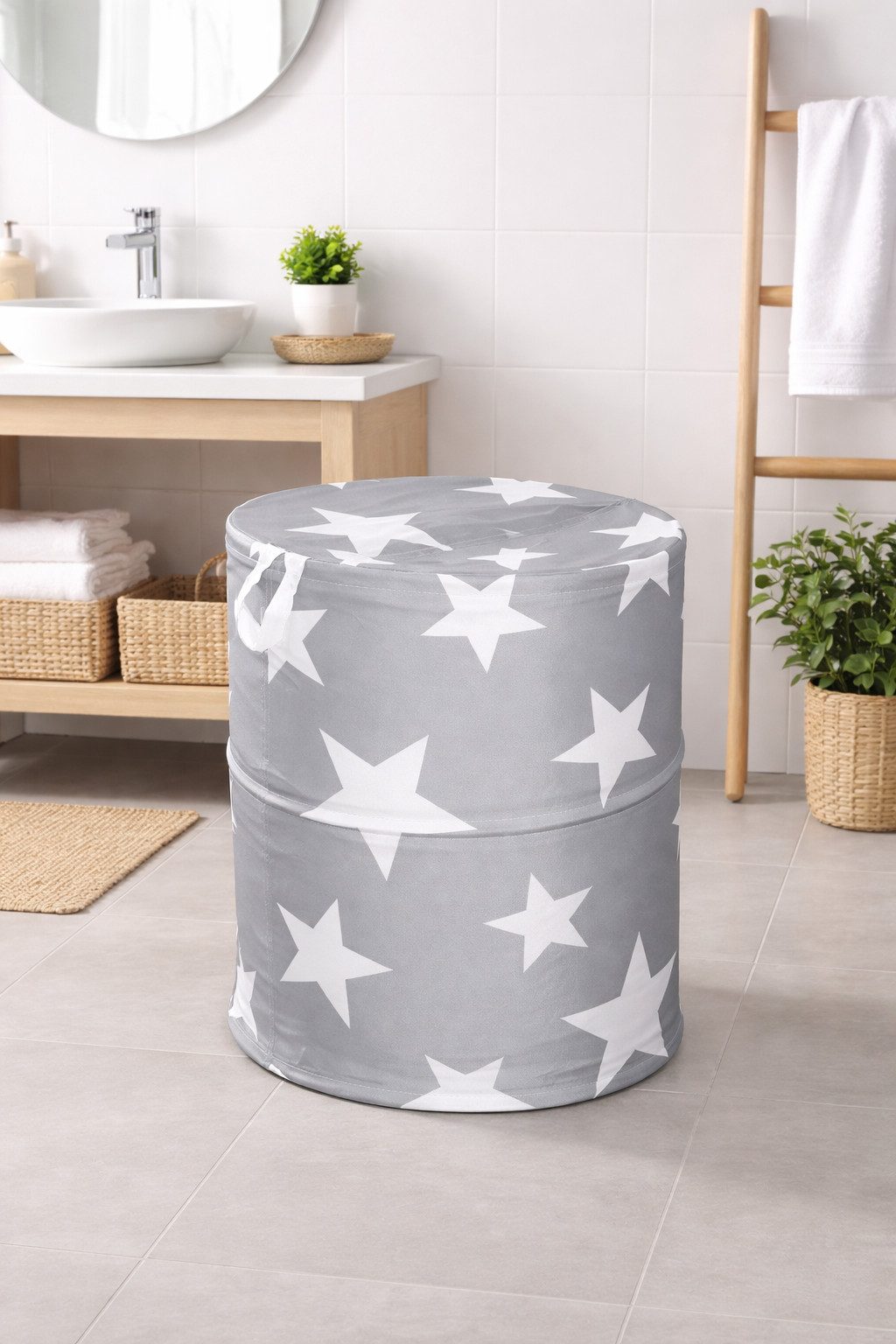 LB H&F Lilienburg Wäschesack Wäschesack Wäschetonne Pop Up faltbar Stoff Stofftonne (weiß Sterne stehend Wäschekorb Wäschebeutel Wäschesammler modern Stern sortieren Sortiere Shabby Vintage Design)