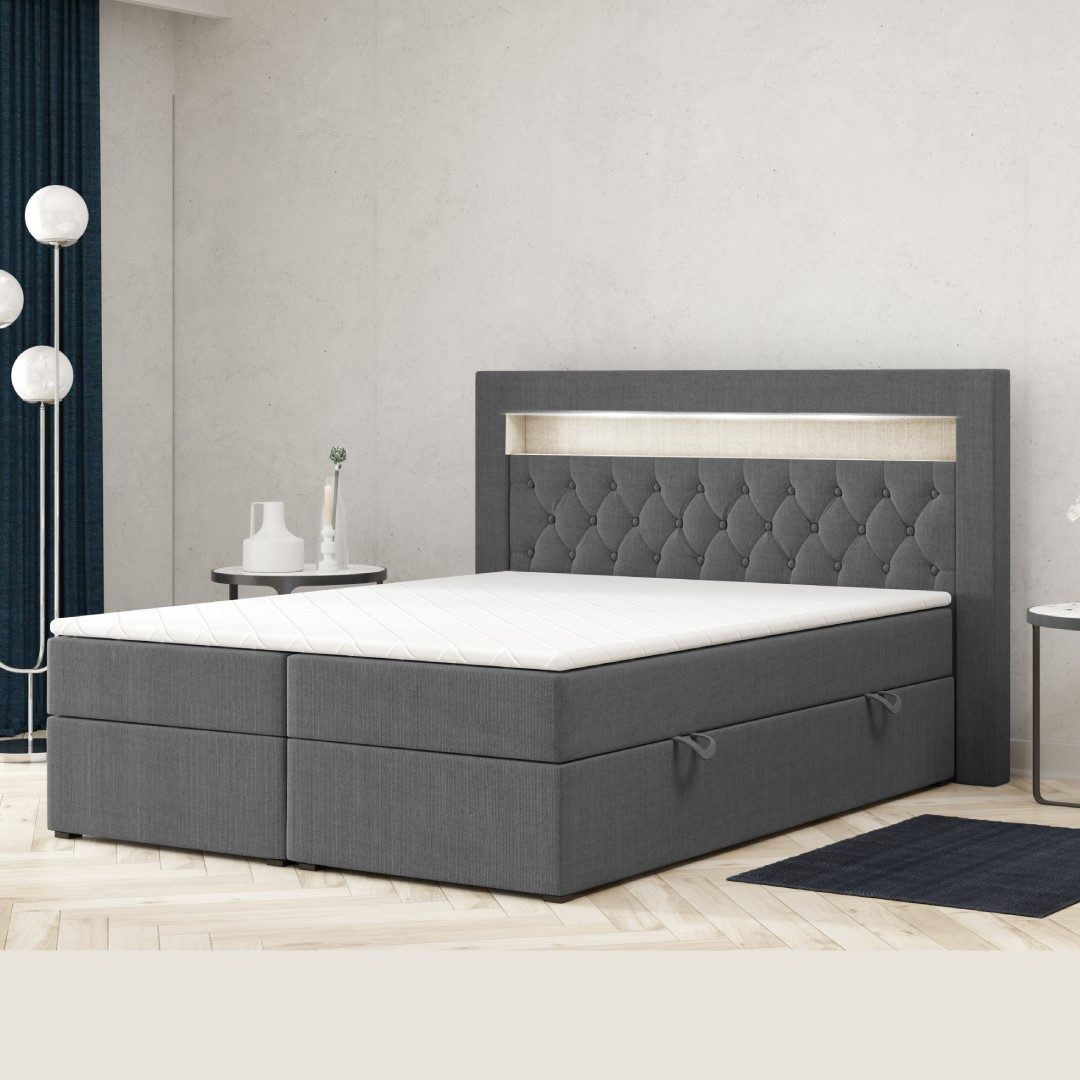M-Punkt24 Boxspringbett Boxspringbett Paris 180x200cm Grau Schwarz Bettkasten LED H3 (Liegefläche 180 x 200 cm), inkl. Bettkästen und Topper, Kopfteil mit LED