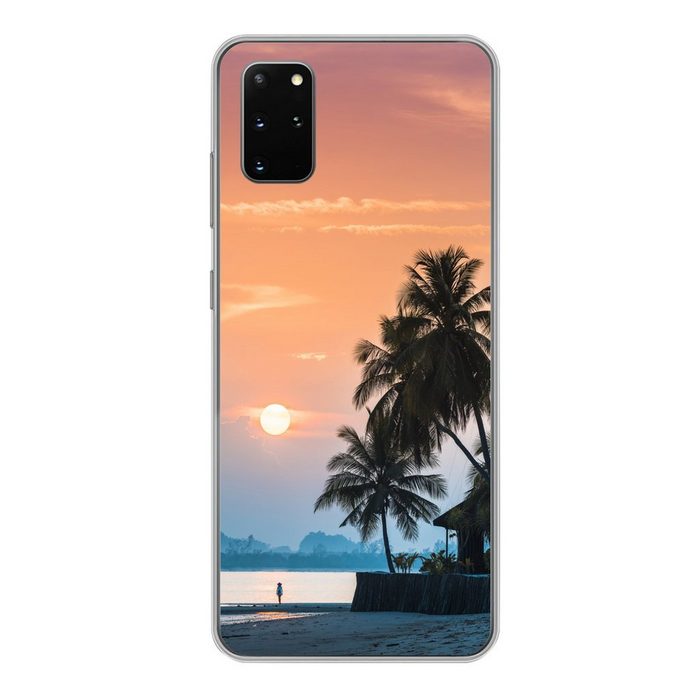 MuchoWow Handyhülle Sonnenuntergang auf einer Insel mit den Silhouetten von Palmen Phone Case Handyhülle Samsung Galaxy S20 Plus Silikon Schutzhülle