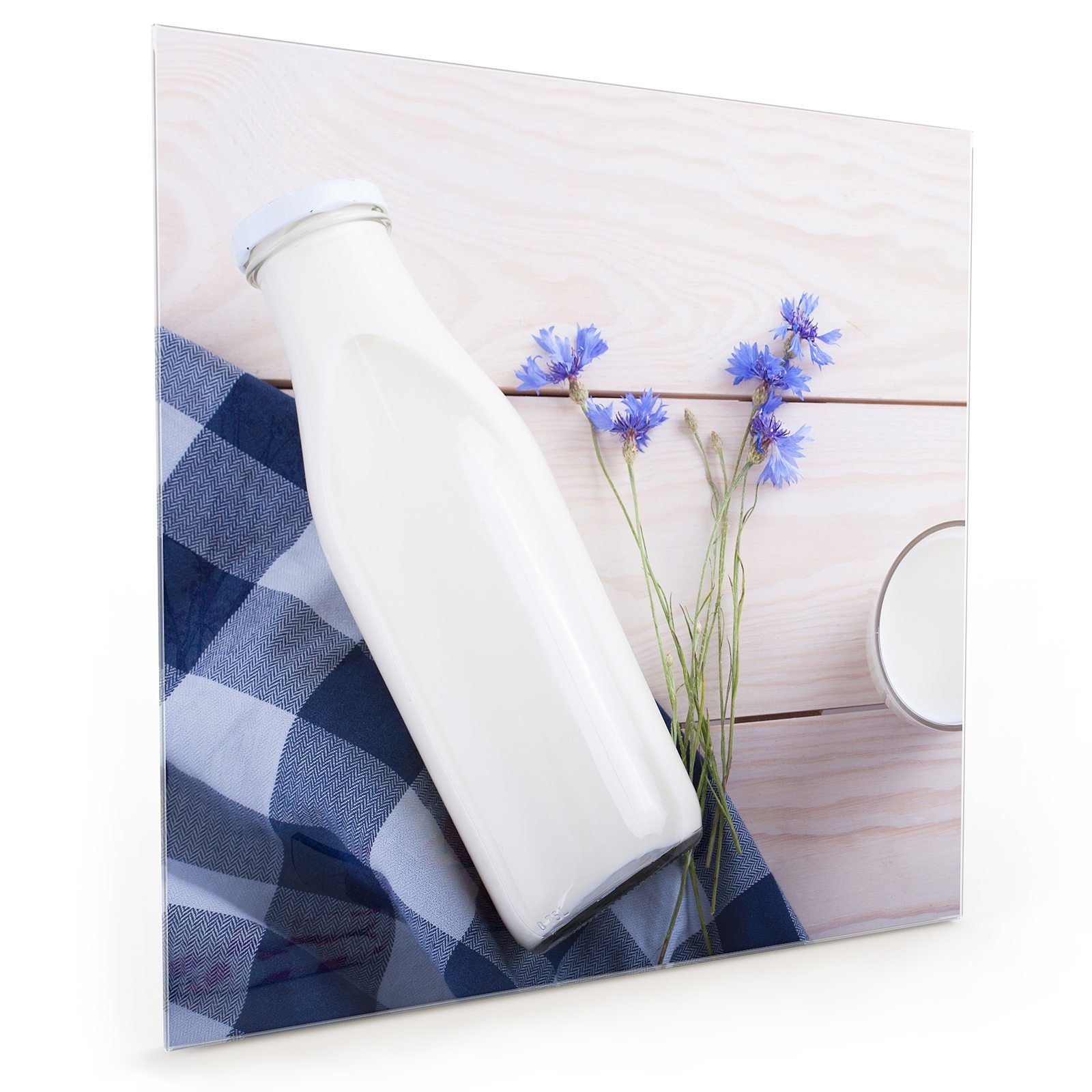Primedeco Küchenrückwand Spritzschutz Glas Holztisch auf Milchflasche