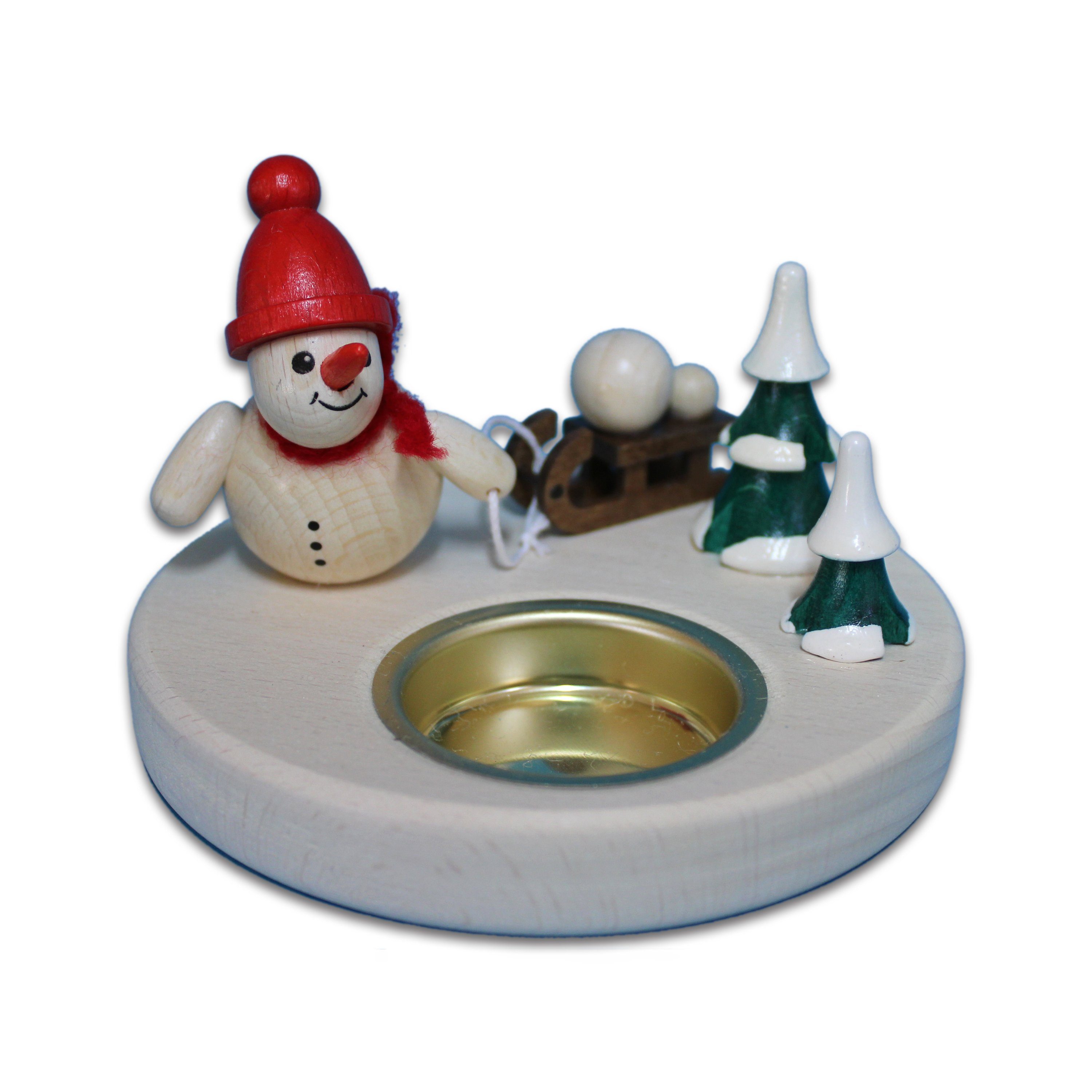 -, Schneemann - mit Germany süßem in Holzwaren Egermann - mit 11cm Schneemannleuchter Schlitten roter Teelichthalter Made Mütze