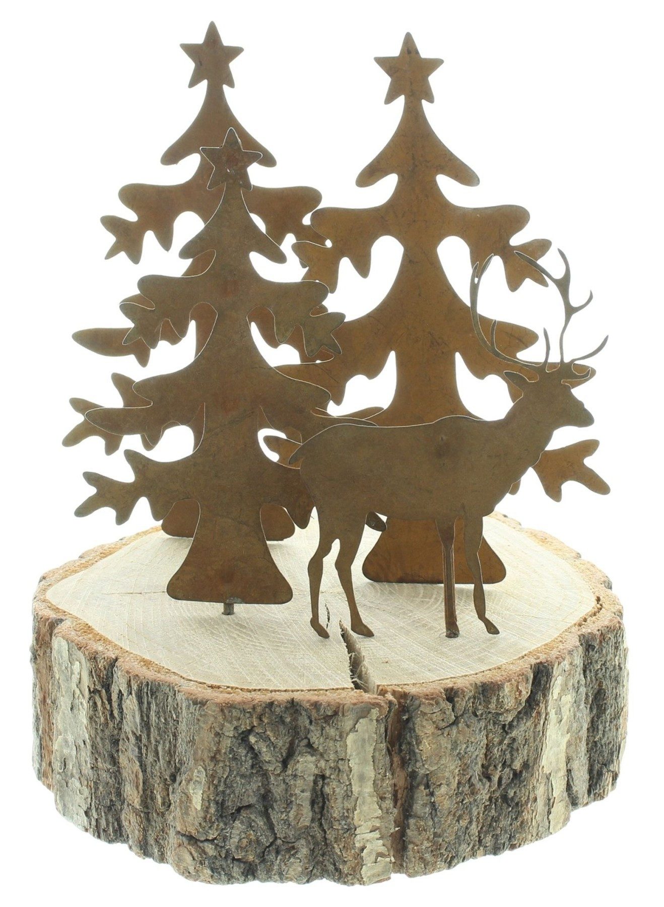 Dekoleidenschaft Dekofigur "Hirsch & Tannen" aus Metall mit Echt Rost, Dekofigur auf Baumscheibe, Winterdeko 19 cm hoch, Metalldeko, Weihnachtsdeko, Tischdeko, Rostdeko