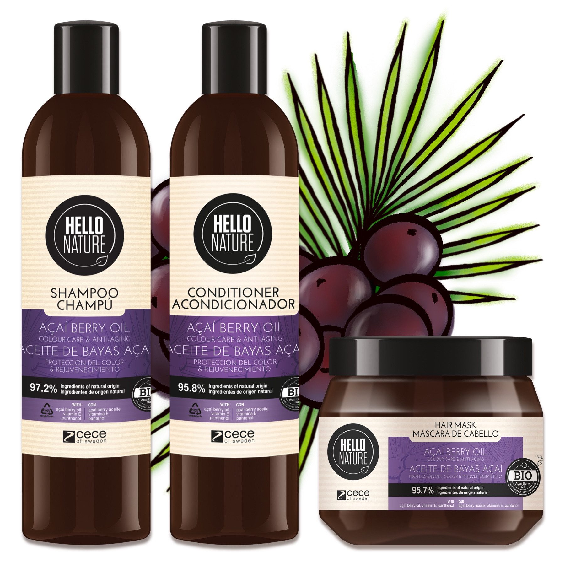 Hello Nature Haarpflege-Set Haarkur Haar Shampoo Conditioner Haarmaske Set Acai Beere Bio Vegan, Haarpflege, Haarkur, Haarmaske, Conditioner