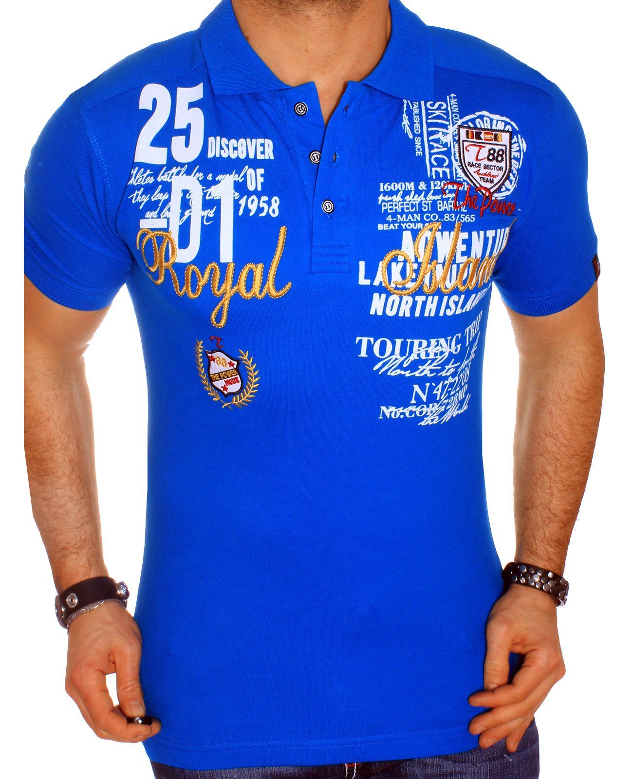 RMK T-Shirt Herren Polo-Shirt Kragen Blau Urlaub V-Neck Slim-Fit kurzarm V-Kragen