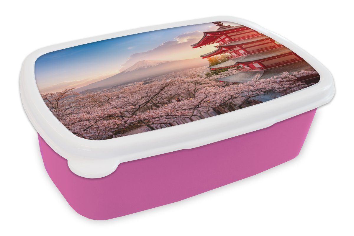 MuchoWow Lunchbox Pagode - Sakura - Fuji - Blütenzweige - Japan, Kunststoff, (2-tlg), Brotbox für Erwachsene, Brotdose Kinder, Snackbox, Mädchen, Kunststoff rosa
