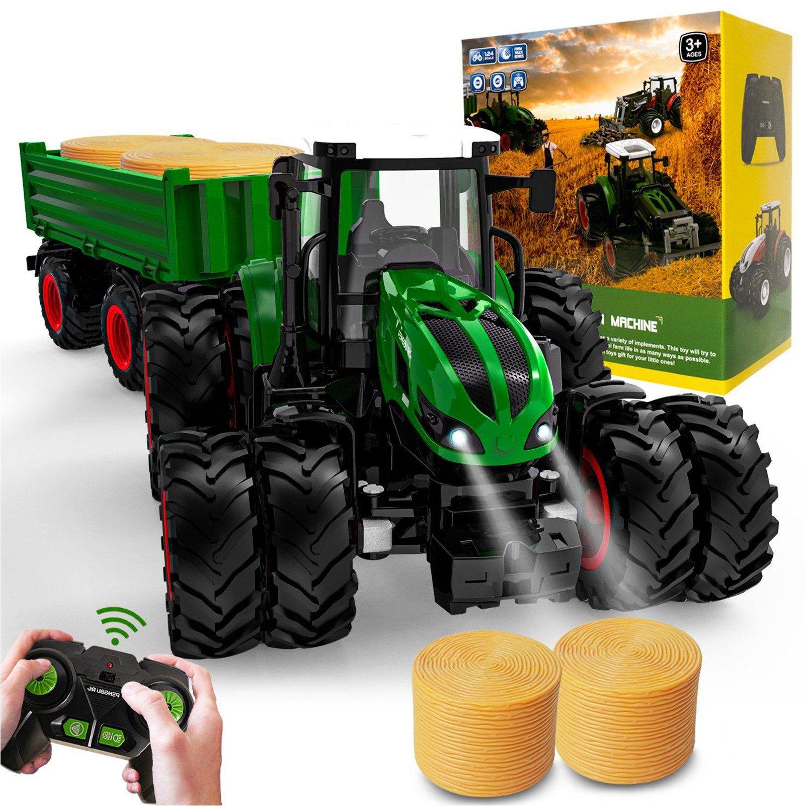 Esun RC-Traktor Ferngesteuerter Traktor mit Anhänger, Traktor Spielzeug ab 3 4 5 Jahre (Set, Komplettset), Traktor Ferngesteuert Ackerschlepper mit Licht und Sound