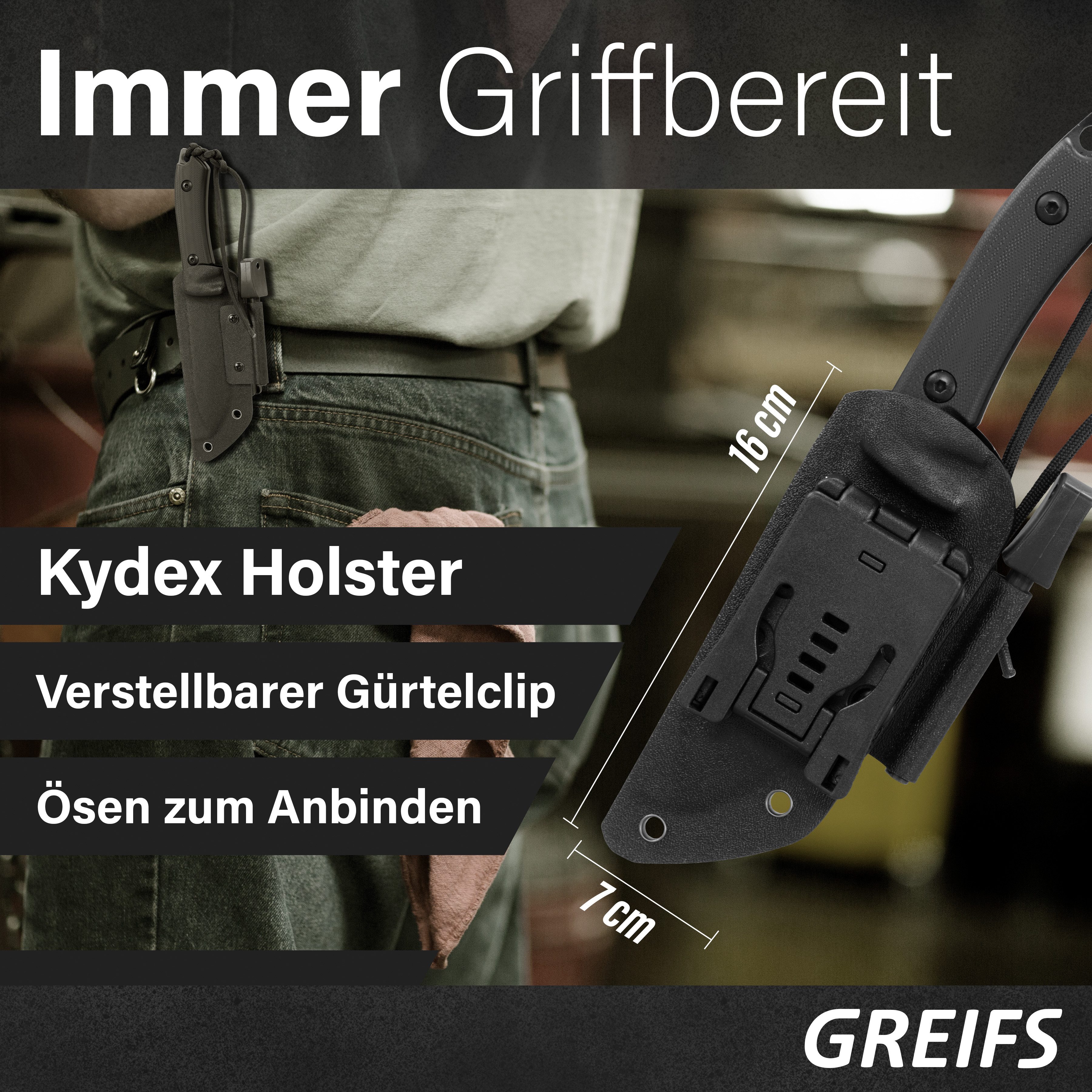 GREIFS Fahrtenmesser Outdoor-Messer MILAN aus D2 Stahl, Kydex Holster und Feuerstahl, black