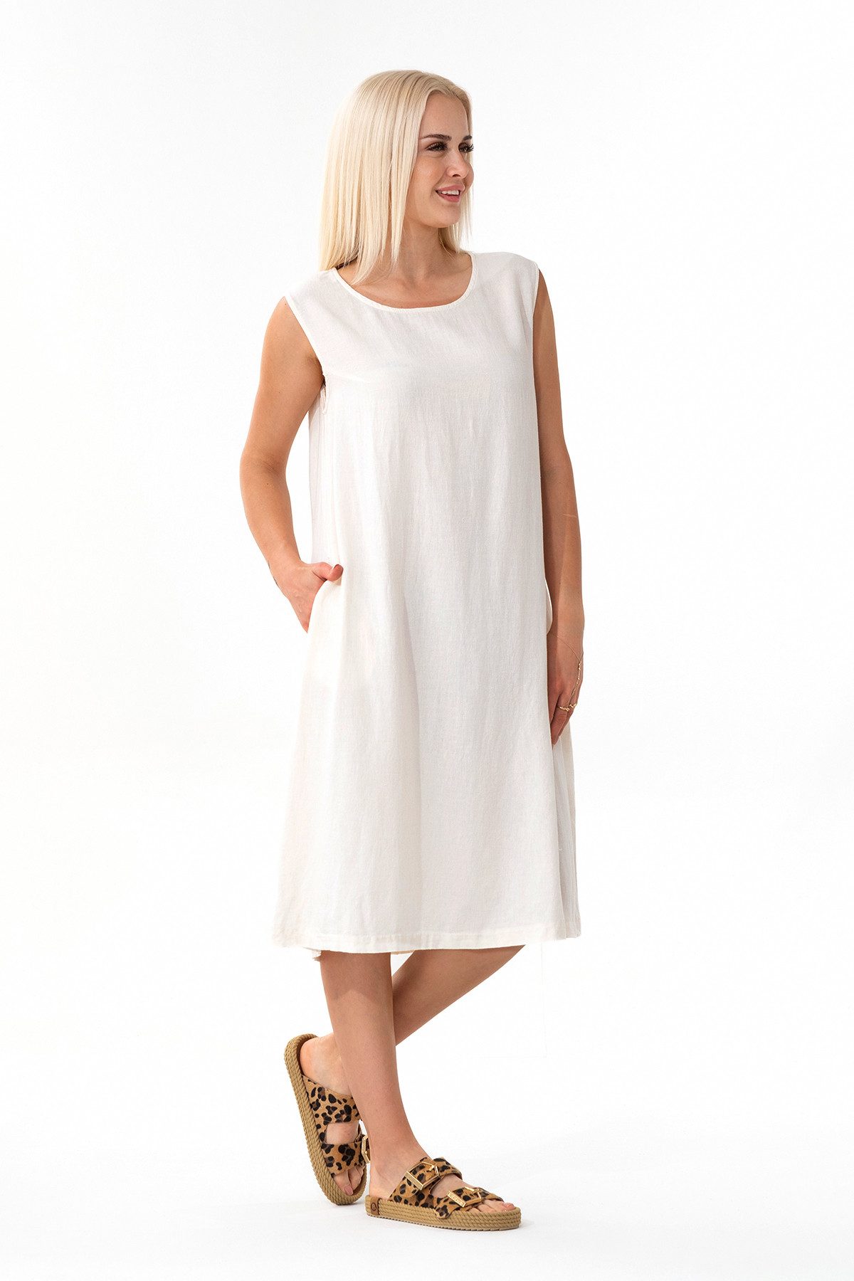 WENOR Sommerkleid aus Leinenmix mit Taschen, Strandkleid ärmellos, locker geschnitten (1-tlg) Ideal für warme Tage, pflegeleicht, mit Eingrifftaschen