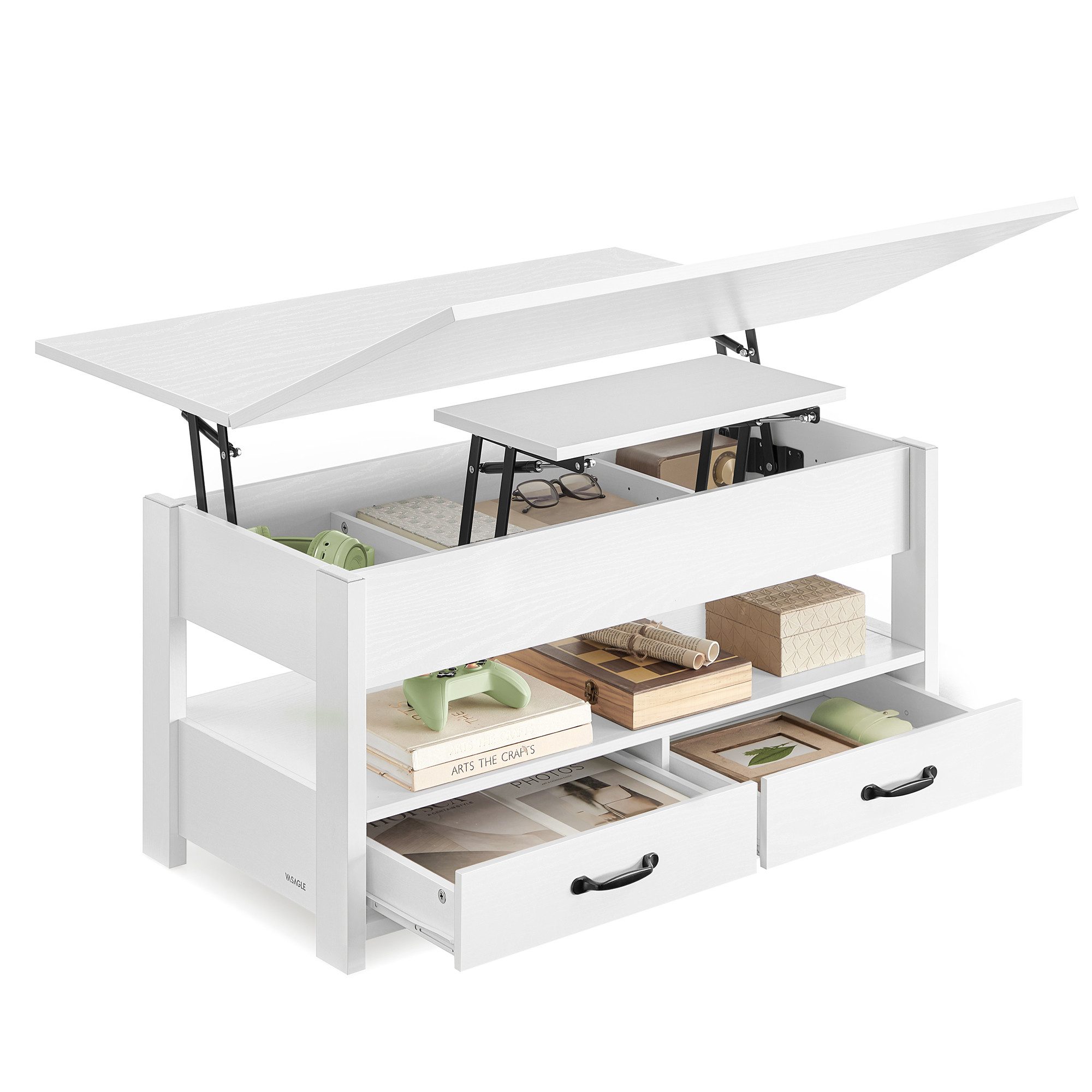 VASAGLE Couchtisch höhenverstellbar mit 2 hochklappbaren Tischplatten, Stauraum (multifunktional, inkl. Zubehörpaket & Anleitung), 2 Schubladen und Ablage, Wohnzimmertisch, weiß