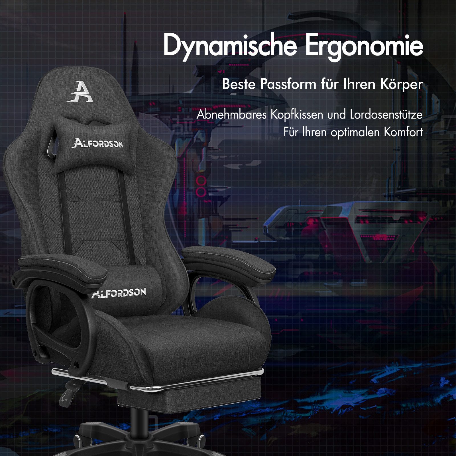 ALFORDSON Gaming-Stuhl mit Massage-Lordosenstütze, ergonomisch, mit Kopfstütze, höhenverstellbar, Stoffbezug, Grau