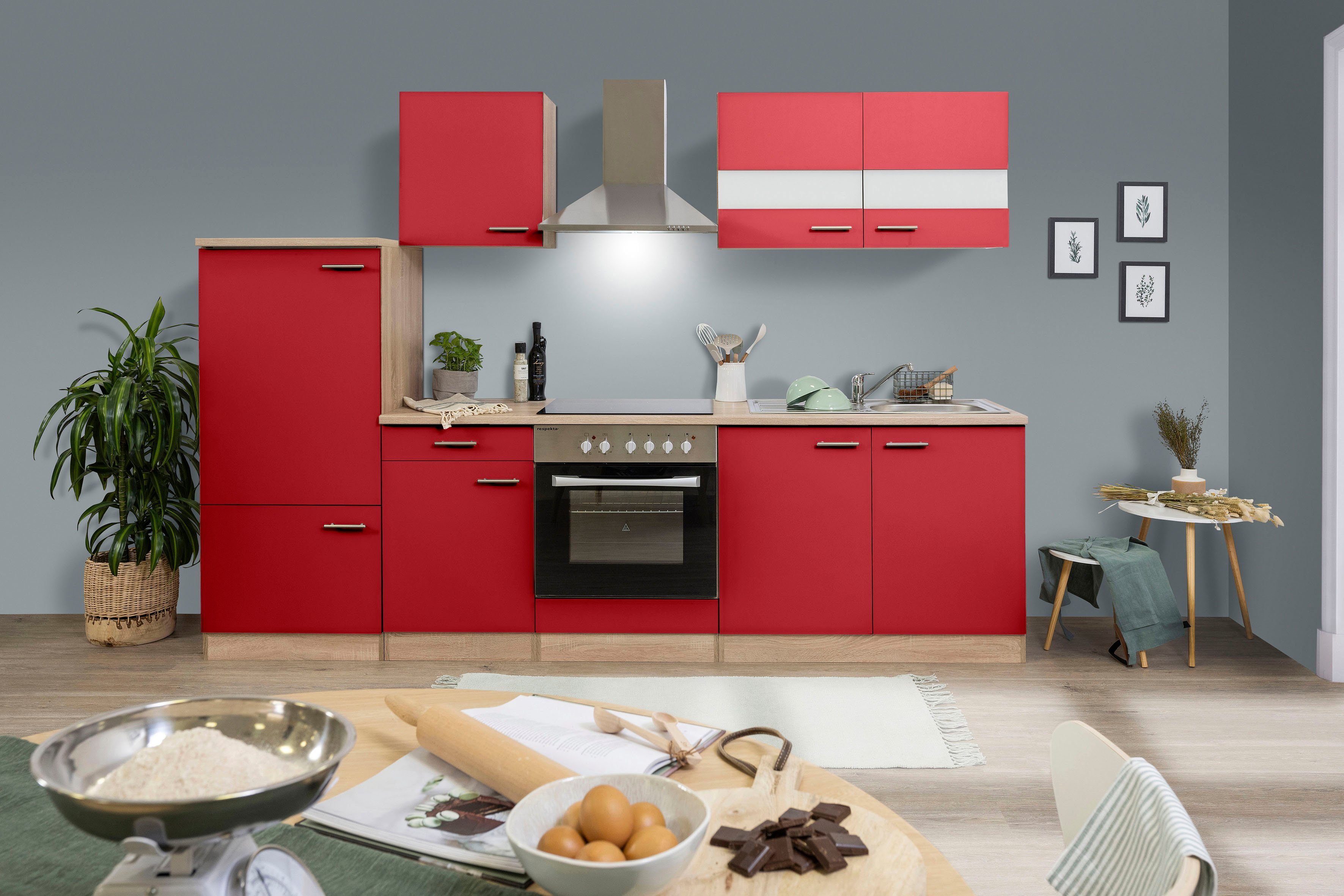 RESPEKTA Küchenzeile Hamburg aus der Serie Merle, mit E-Geräten, Breite 270 cm, mit Glaskeramik-Kochfeld rot