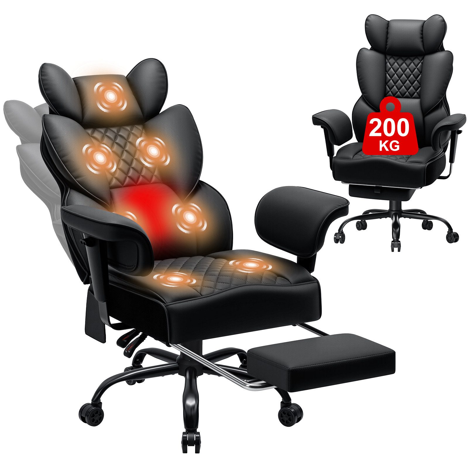 Insma Bürostuhl Ergonomischer Chefsessel mit 7-Punkt-Vibrationsmassage & Lendenwärme (Gaming Stuhl mit Fußstütze, 155° verstellbare Rückenlehne), PVC-Kunstleder, bis 200 kg belastbar