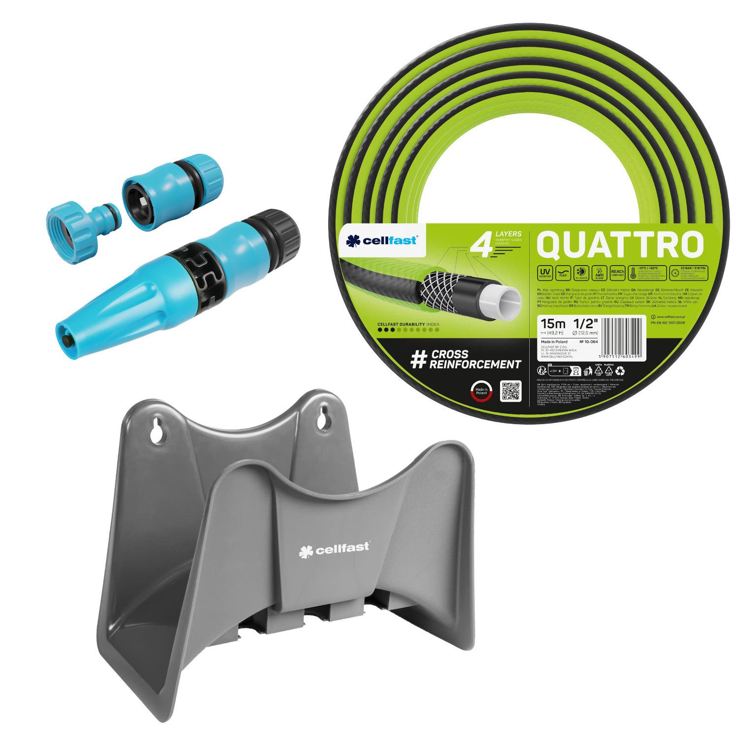 Cellfast Gartenschlauch Quattro-Schlauch 1/2'' 15 m, Aufhänger und Sprinkler, Schlauchhalter + Set mit Cellfast Basic Geradsprinkler 1/2"