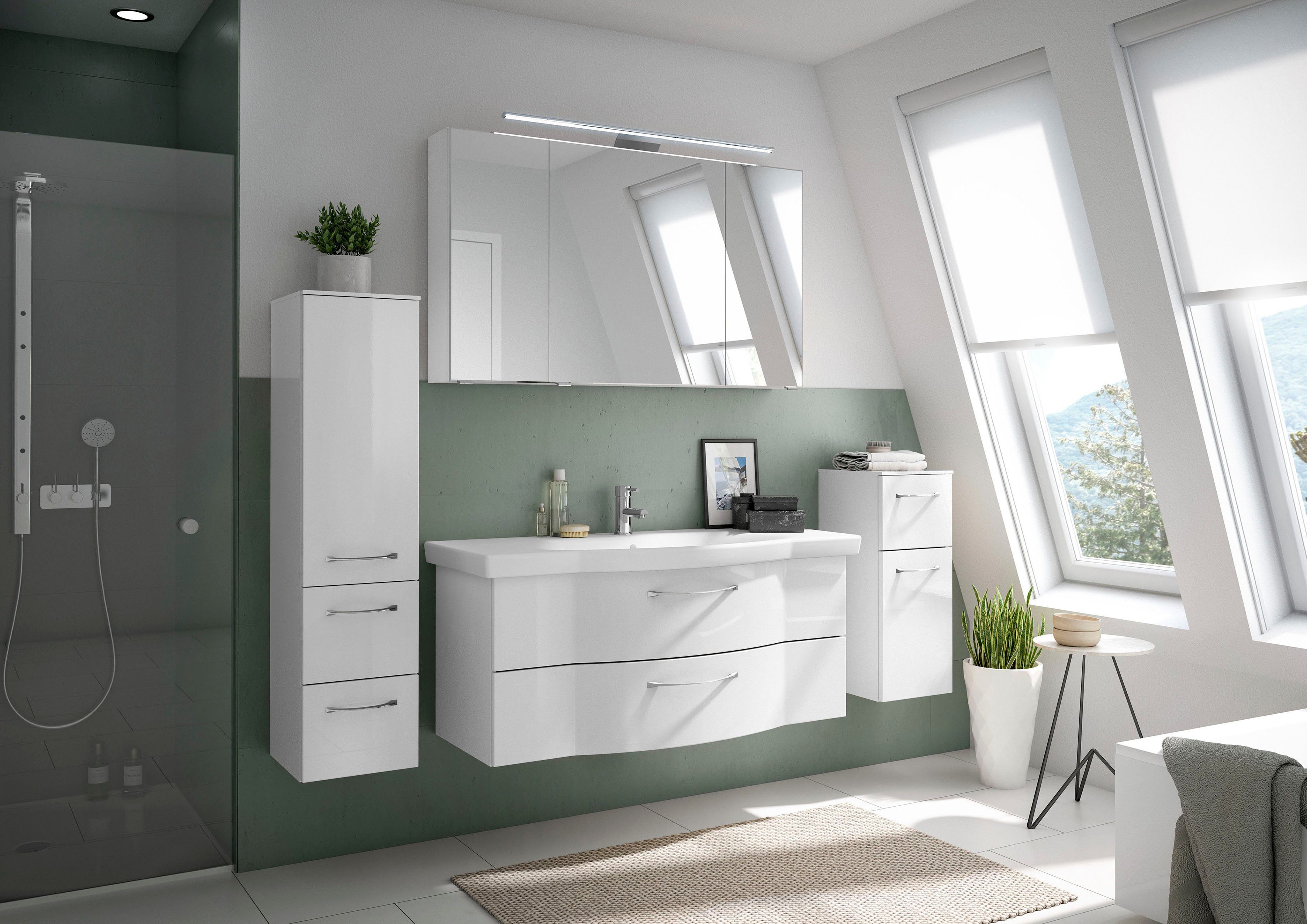 Saphir Badmöbel-Set 6005 Sprint 4-teilig, Keramik-Waschtisch mit LED-Spiegelschrank, (5-St), Unterschrank, Midischrank, inkl. Türdämpfer, 5 Türen, 5 Schubladen