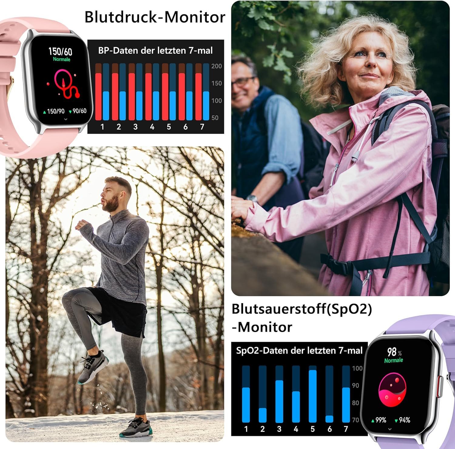 Zevelora Damen's und Herren's Fitness Tracker Telefonfunktion IPx7 Wasserdicht Smartwatch (2 Zoll, Android/iOS), mit austauschbarem weichem Silikonarmband, mit Blutdruckmessung Herzfrequenz Schlafmonitor SpO2, Sport modus