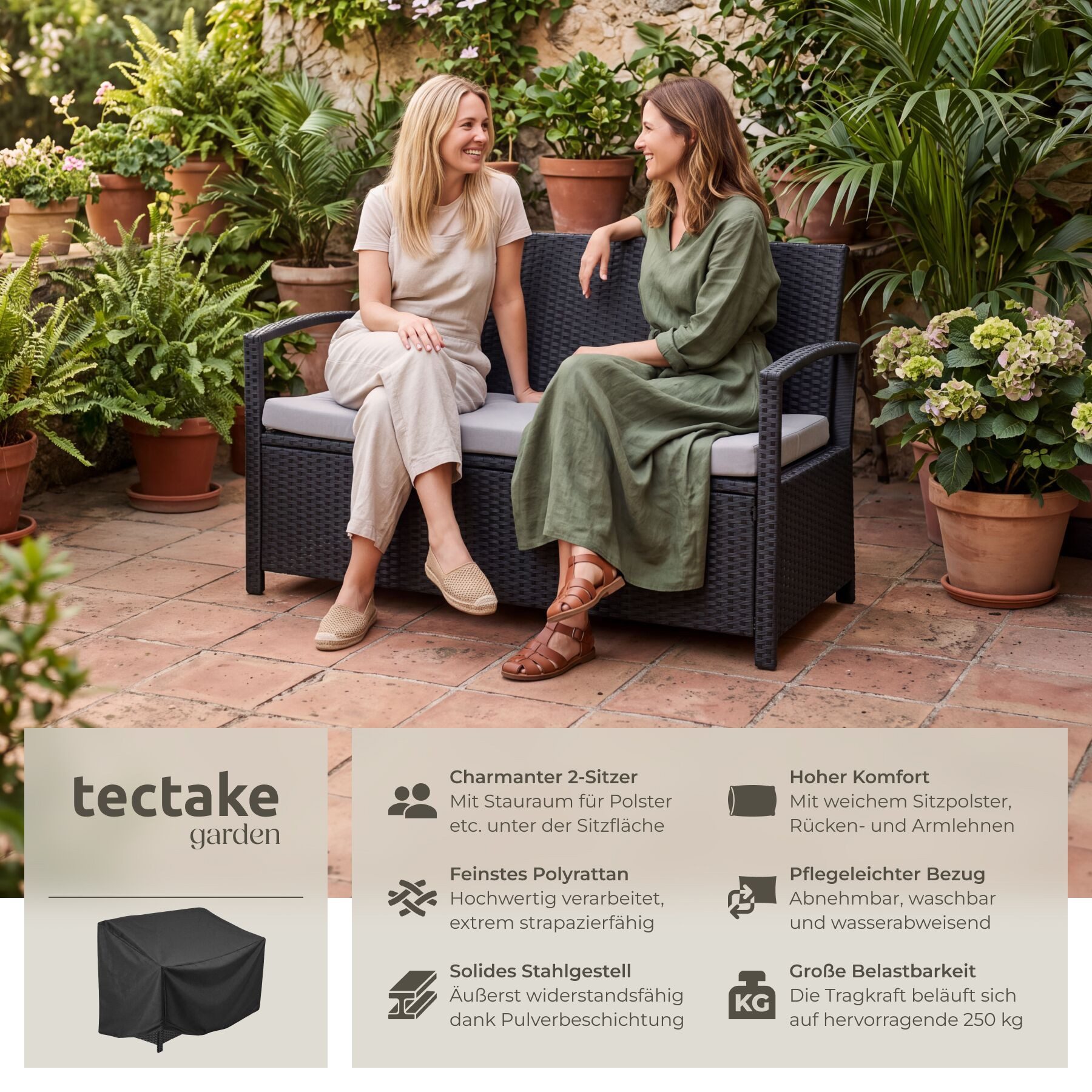 tectake Gartenbank Polyrattanbank 2-Sitzer wetterfest mit großem Stauraum 128x56x77,5cm (Balkonbank Vecchia, in Schwarz), Belastbarkeit 250 kg, Inkl. Schutzhülle und Sitzpolster